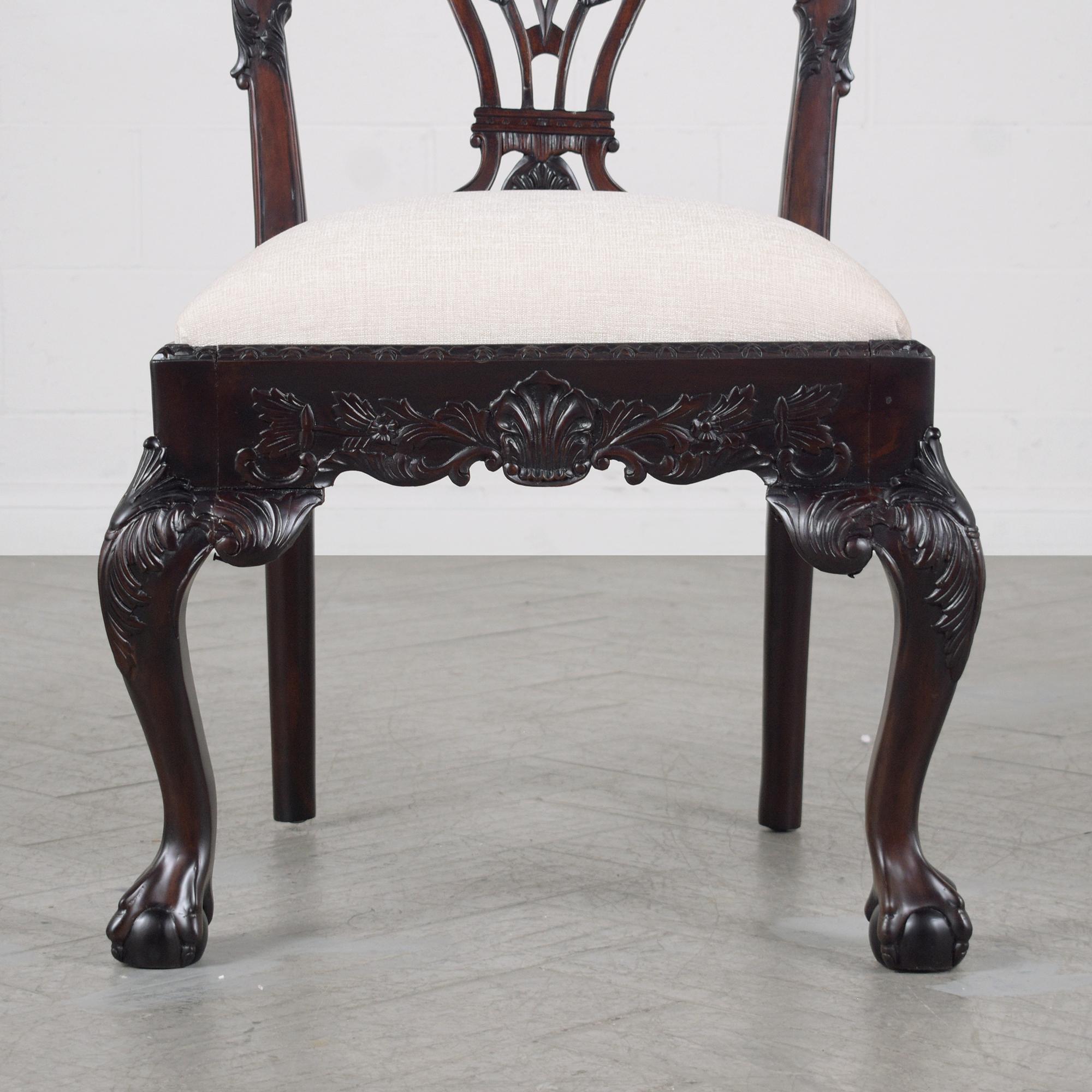 Late 20th Century Set of 8 Restored Chippendale-Style Mahogany Dining Chairs with Ivory Upholstery