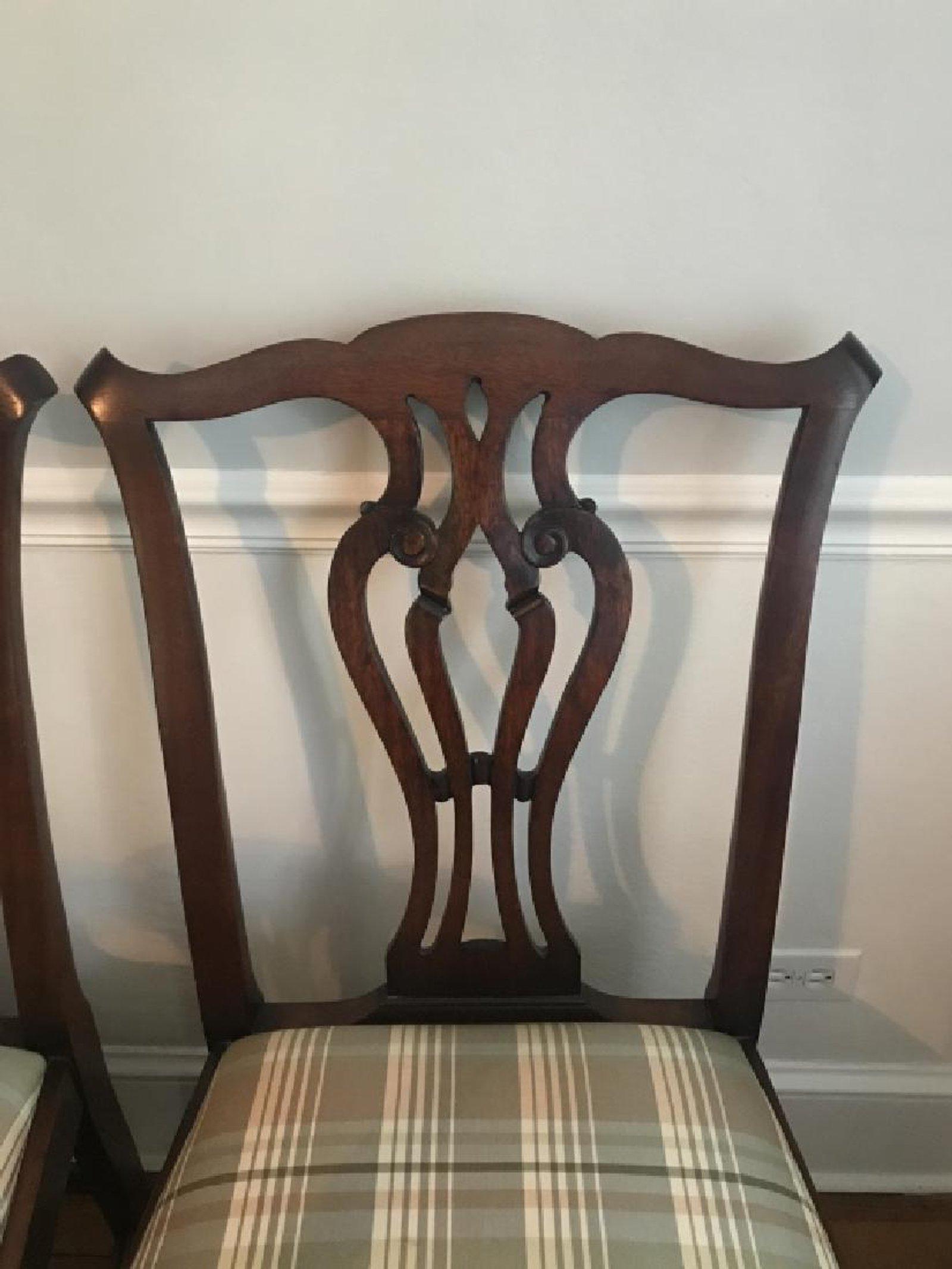 Beautiful set of simple, Chippendale dining chairs by Ardley Hall furniture company of Thomasville, NC. Mid-20th century, sturdy, solid mahogany with removable covered seats. Two arms plus six sides. Very sturdy, beautiful, not too fancy, straight