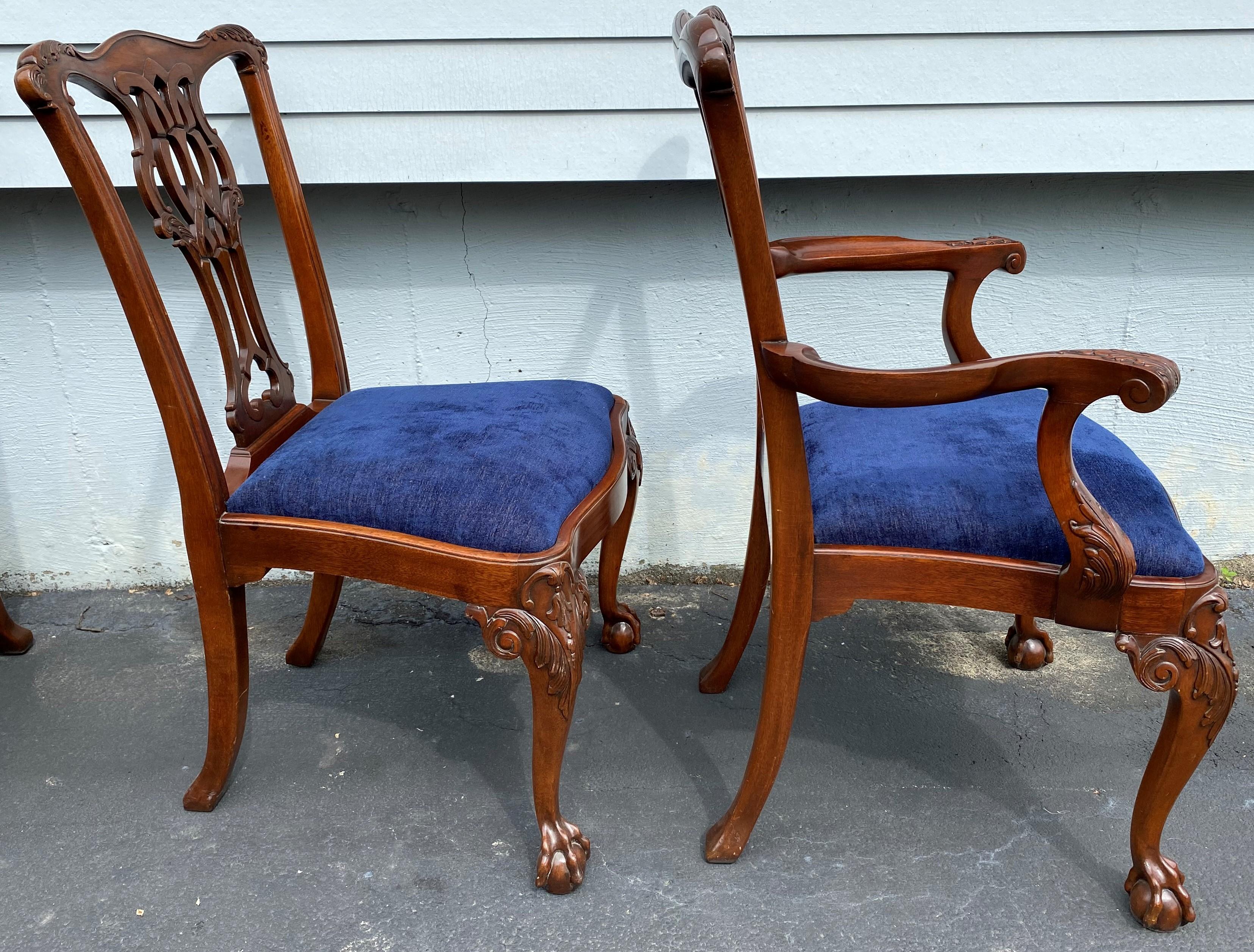 American Set of Eight Chippendale Style Mahogany Dining Chairs w/ Blue Upholstered Seats