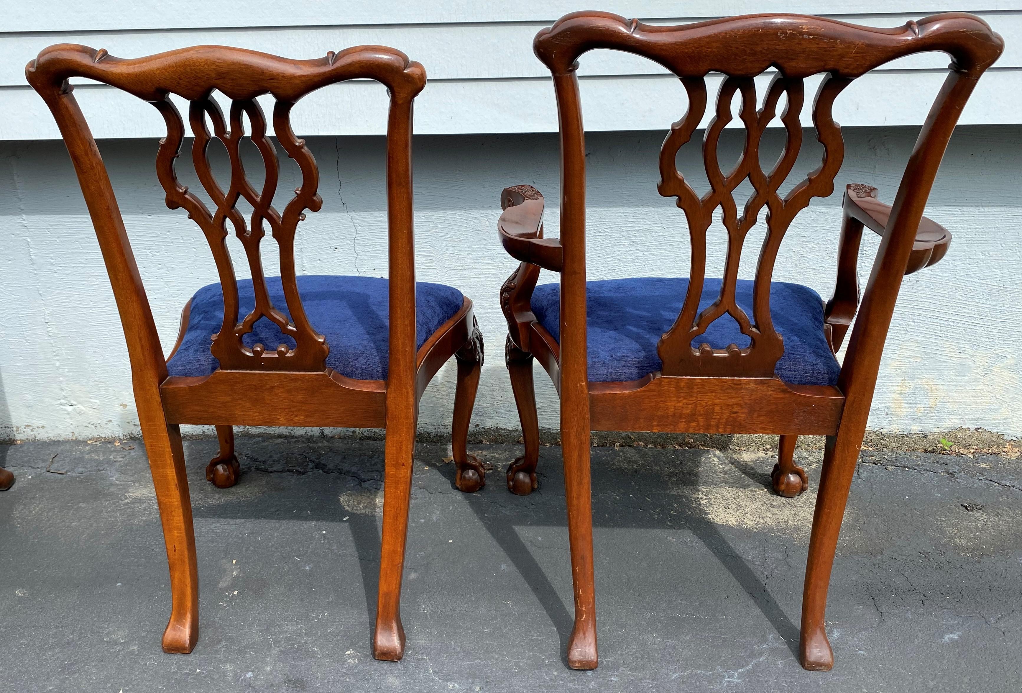 Hand-Carved Set of Eight Chippendale Style Mahogany Dining Chairs w/ Blue Upholstered Seats