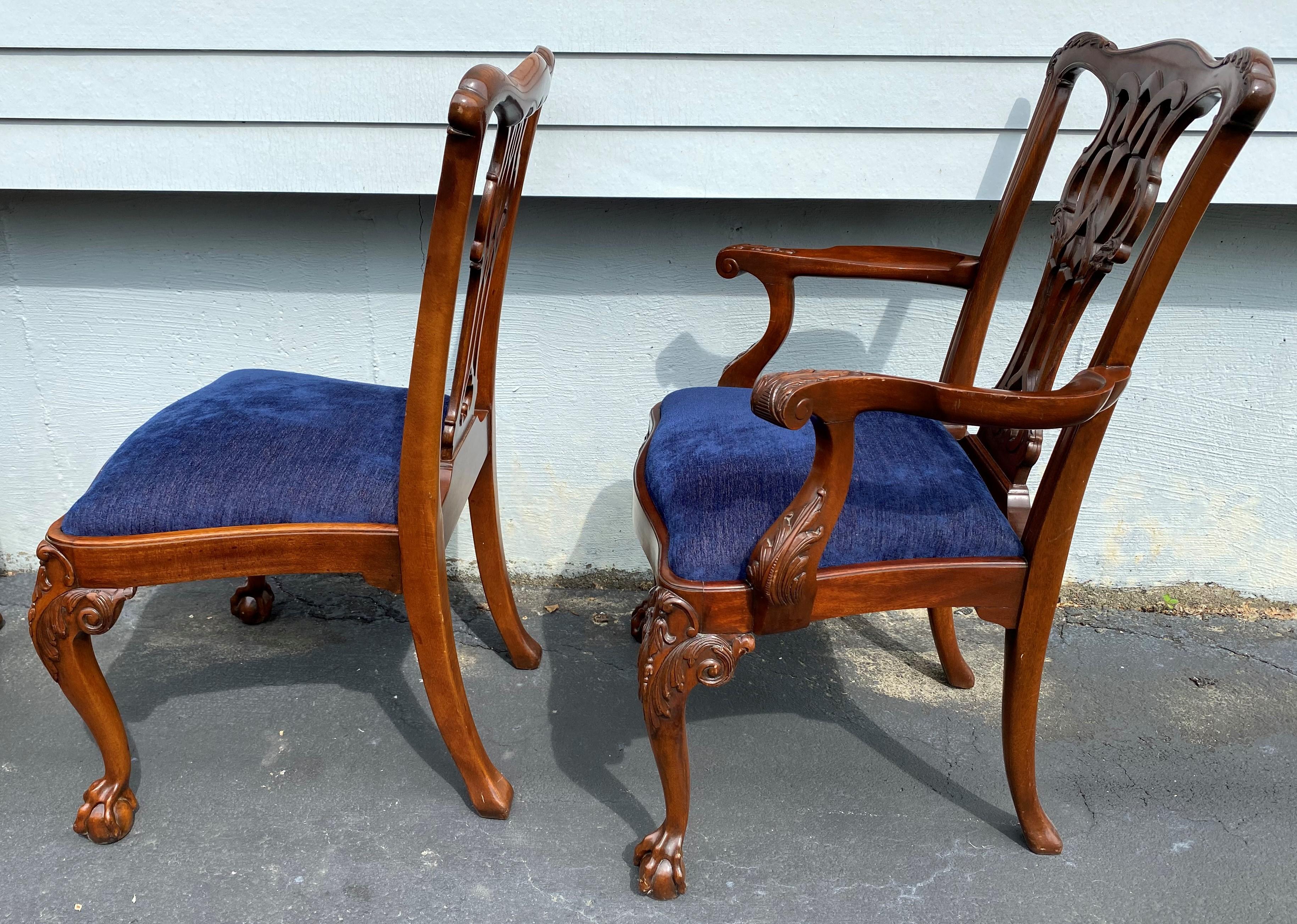 Set of Eight Chippendale Style Mahogany Dining Chairs w/ Blue Upholstered Seats In Good Condition In Milford, NH