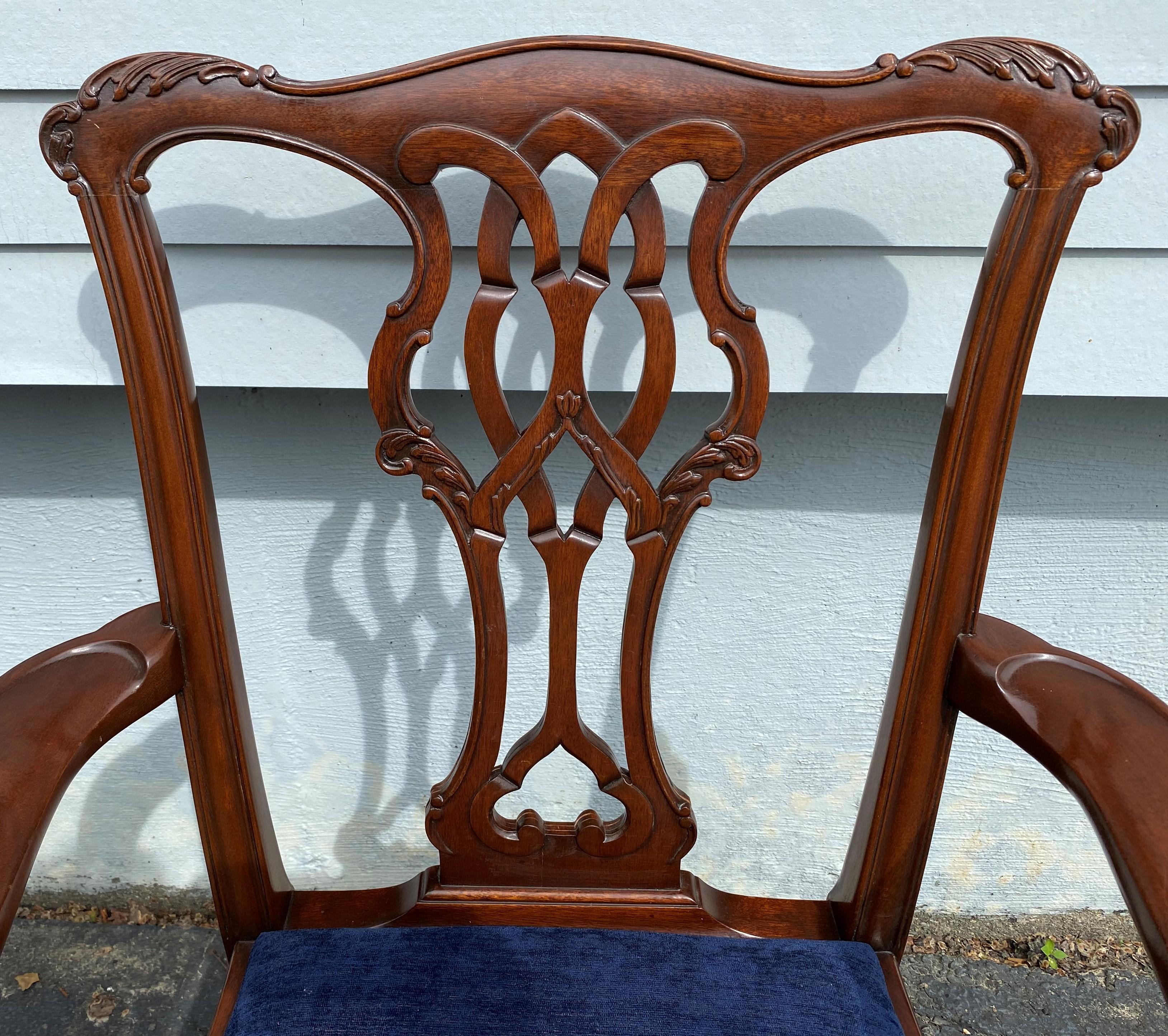 20th Century Set of Eight Chippendale Style Mahogany Dining Chairs w/ Blue Upholstered Seats