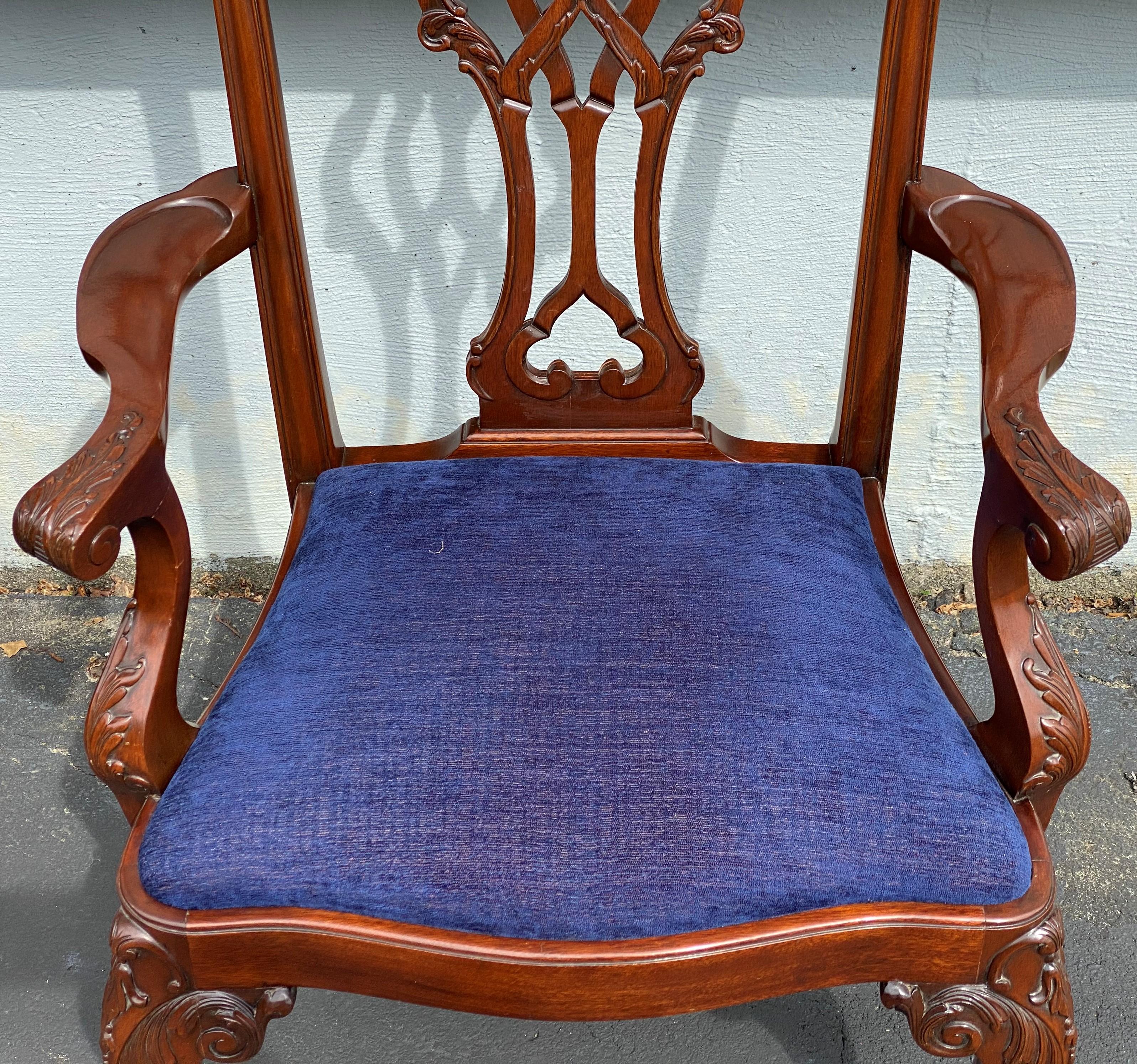 Upholstery Set of Eight Chippendale Style Mahogany Dining Chairs w/ Blue Upholstered Seats