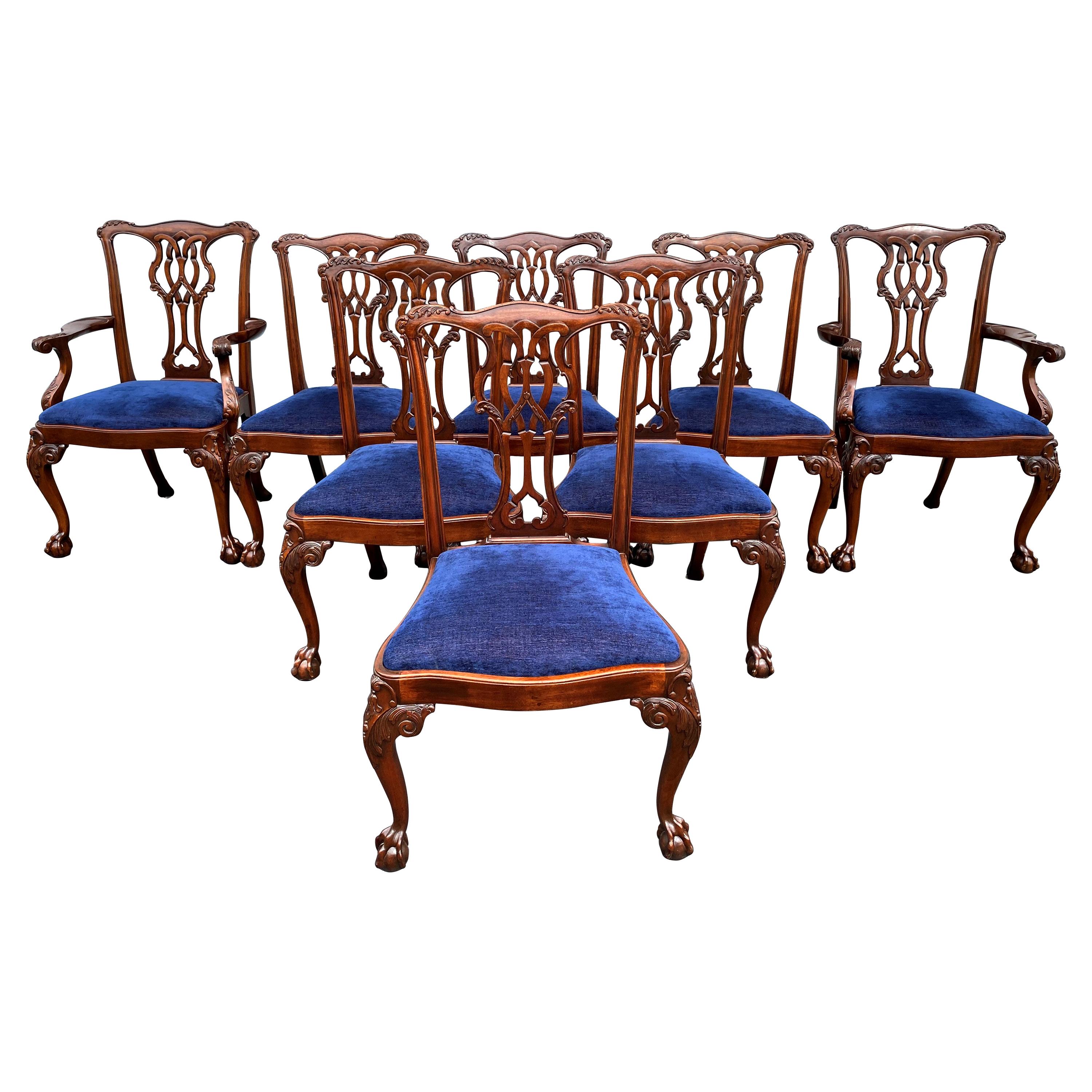 Set of Eight Chippendale Style Mahogany Dining Chairs w/ Blue Upholstered Seats