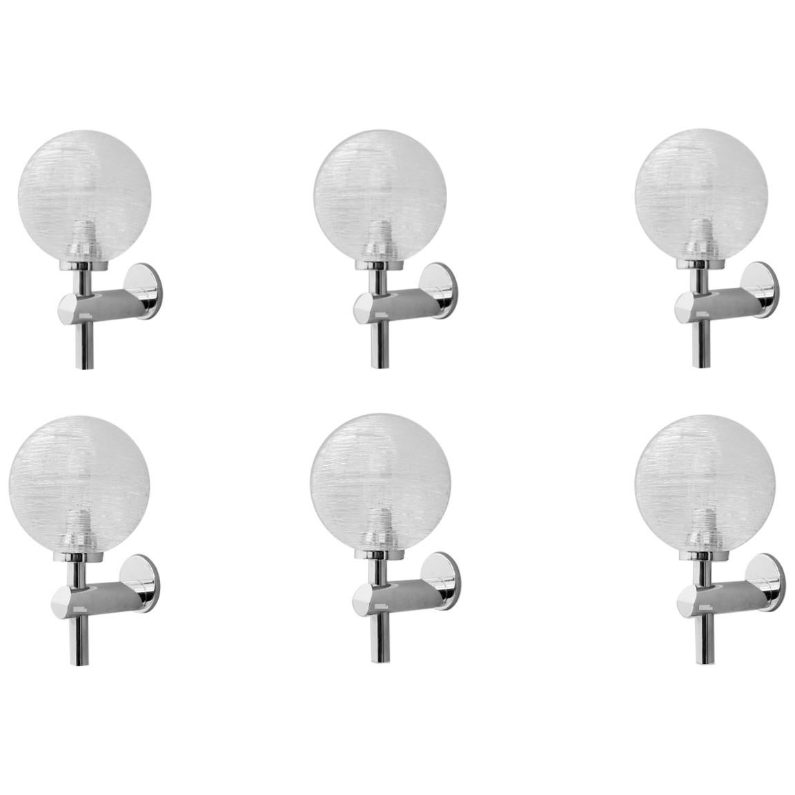 Set of Eight Chrome and Glass Wall Lights Globes 1970s For Sale
