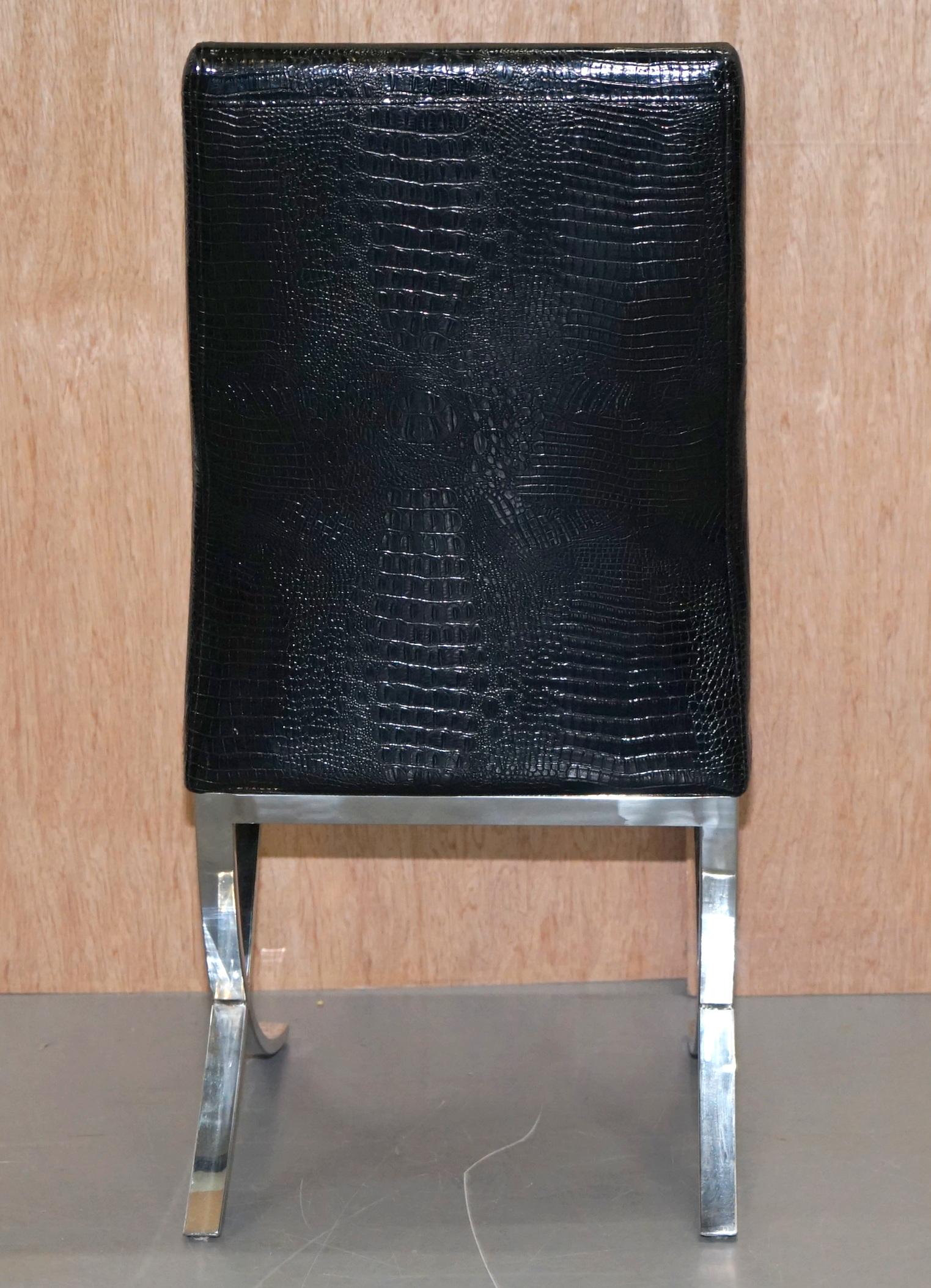 20th Century Set of Eight Chrome Black Faux Alligator Crocodile Patina Leather Dining Chairs