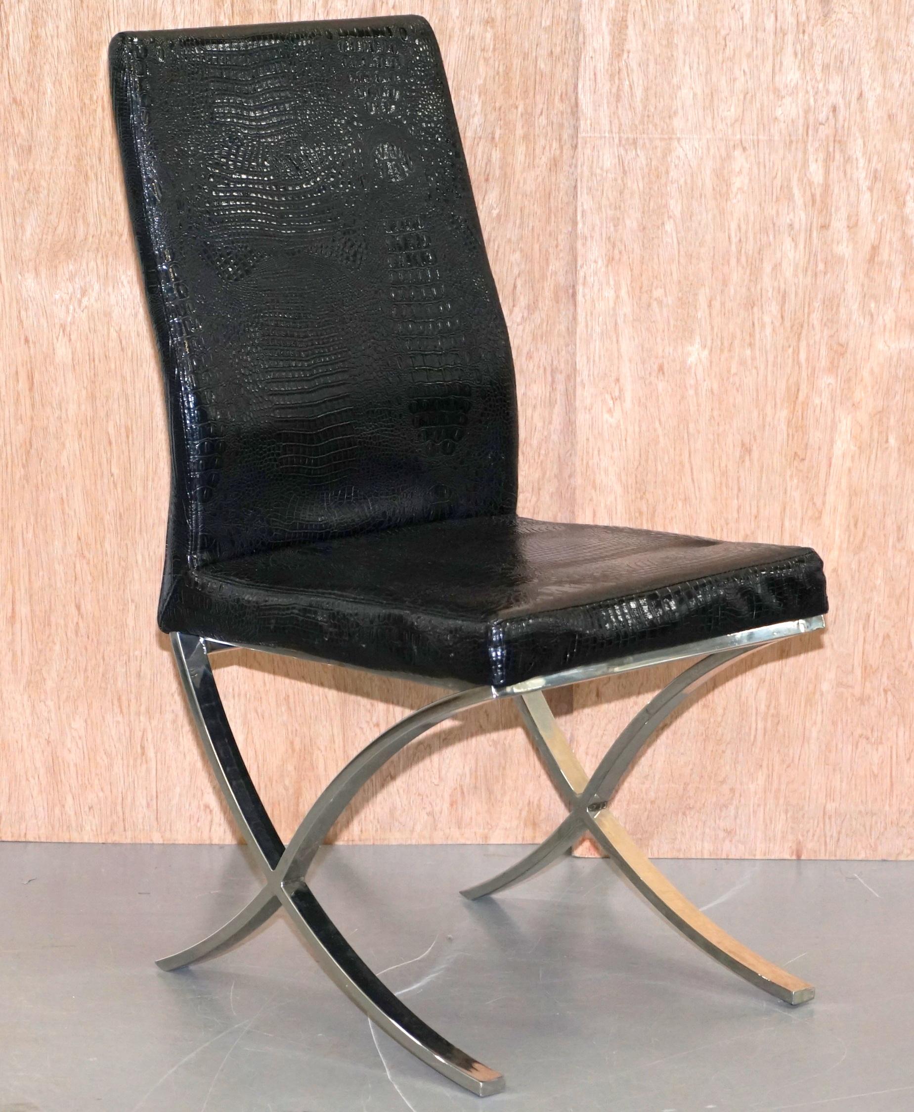 Set of Eight Chrome Black Faux Alligator Crocodile Patina Leather Dining Chairs 3