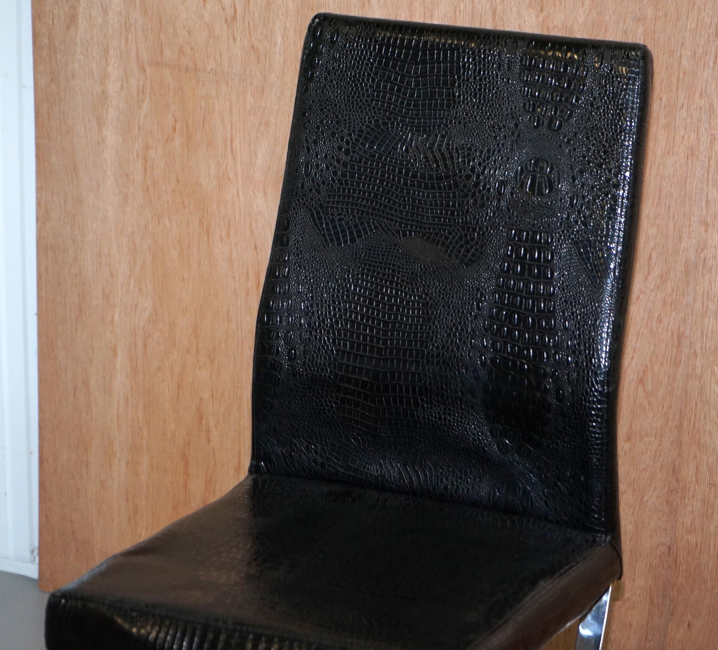 Set of Eight Chrome Black Faux Alligator Crocodile Patina Leather Dining Chairs 6