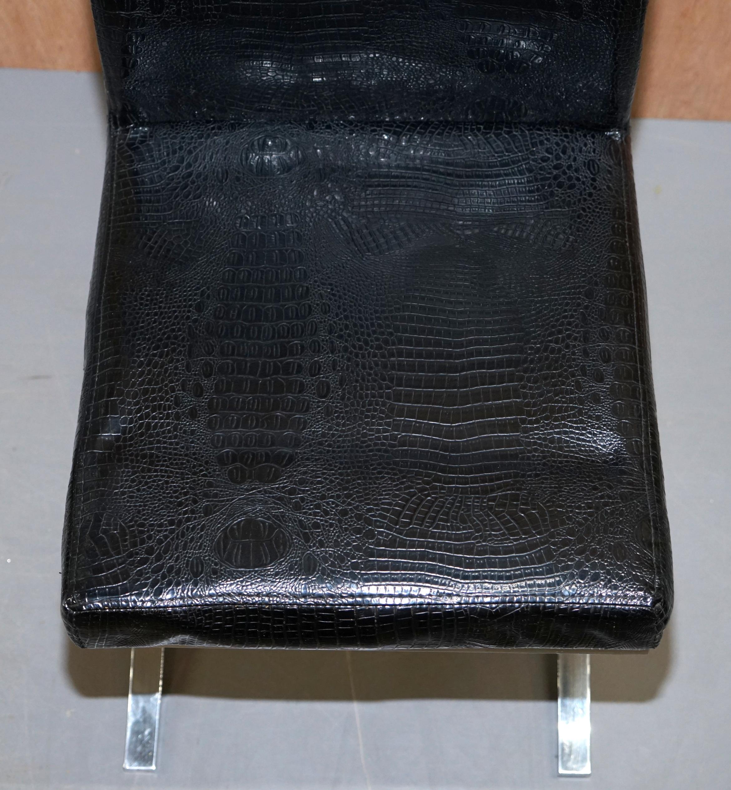 Set of Eight Chrome Black Faux Alligator Crocodile Patina Leather Dining Chairs 7