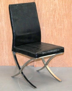Set of Eight Chrome Black Faux Alligator Crocodile Patina Leather Dining Chairs