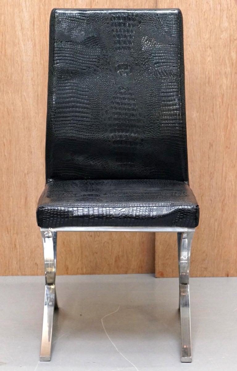 Set of Eight Chrome Black Faux Alligator Crocodile Patina Leather
