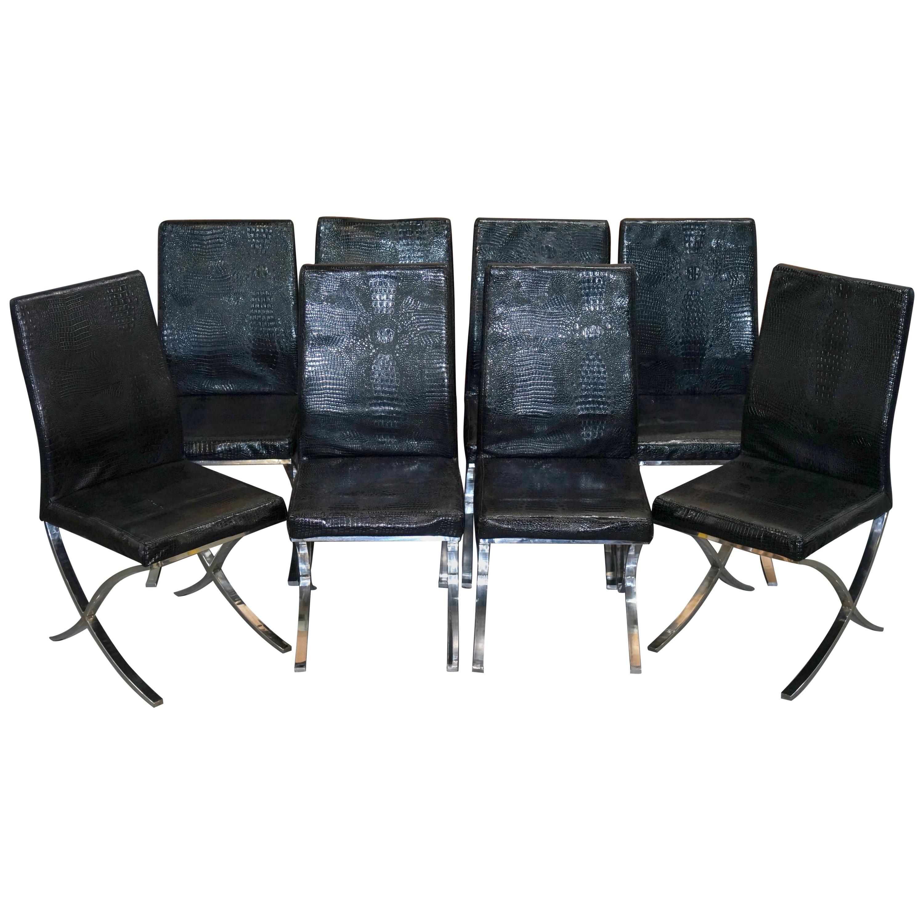 Set of Eight Chrome Black Faux Alligator Crocodile Patina Leather Dining Chairs