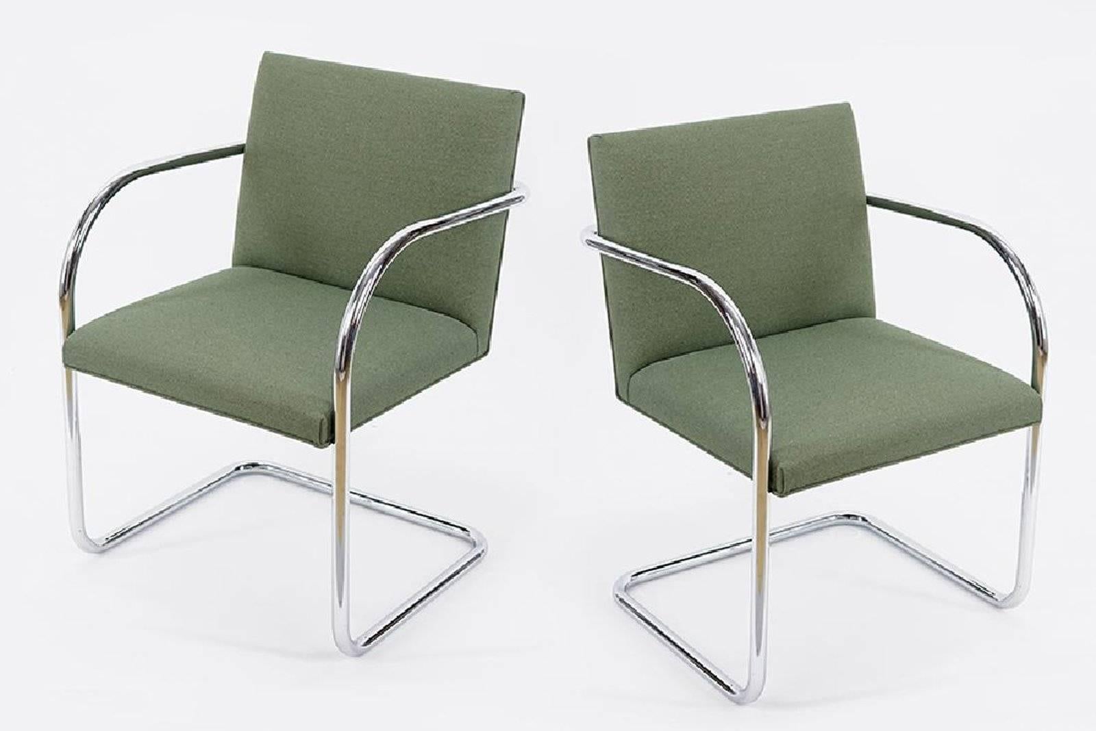 A set of eight chrome Brno chairs. Gordon International tubular chrome chairs with green upholstery.