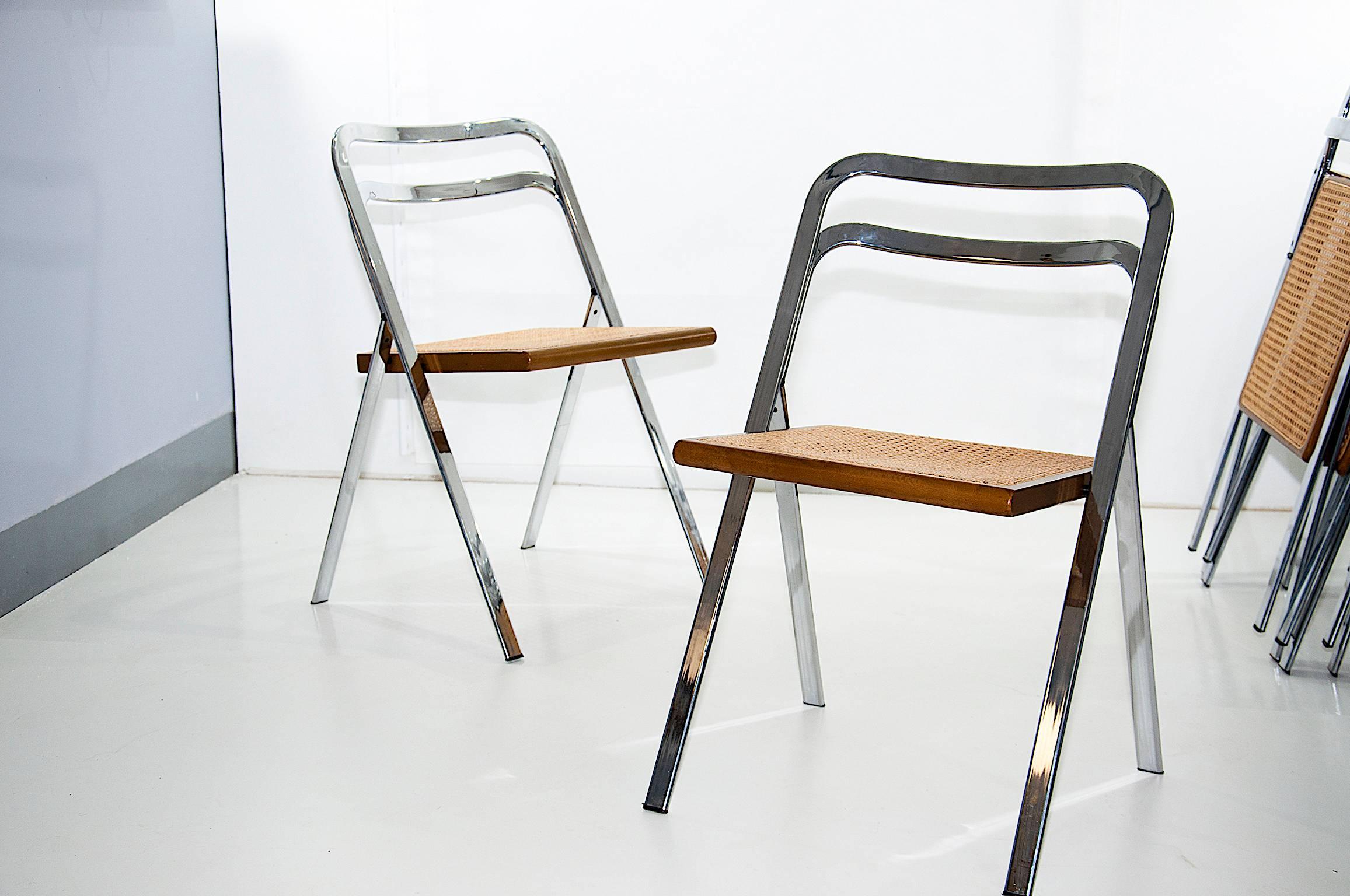 Space Age Set of Eight Chromed Folding Chairs, in Beech by Giorgio Cattelan for Cidue