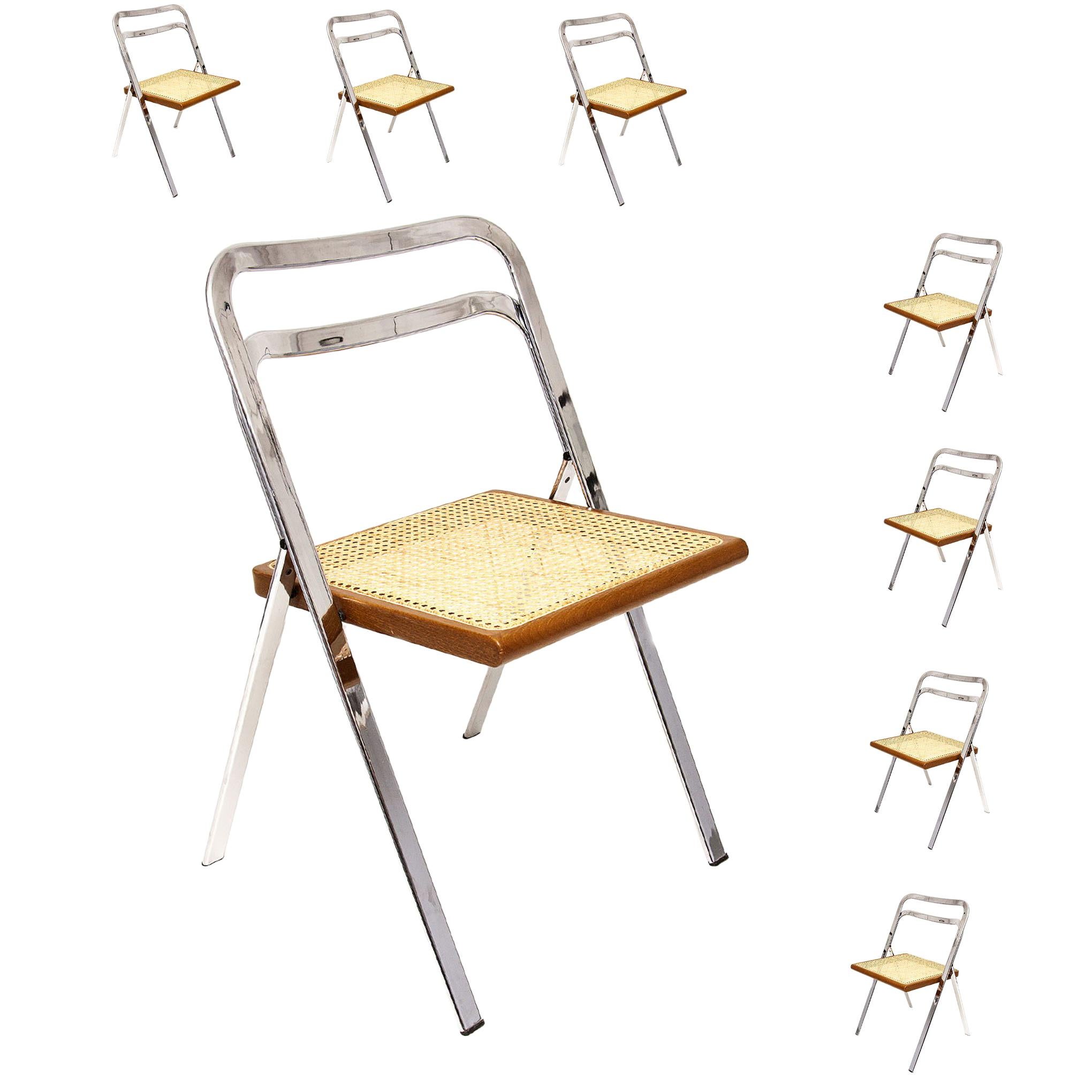 Set of Eight Chromed Folding Chairs, in Beech by Giorgio Cattelan for Cidue