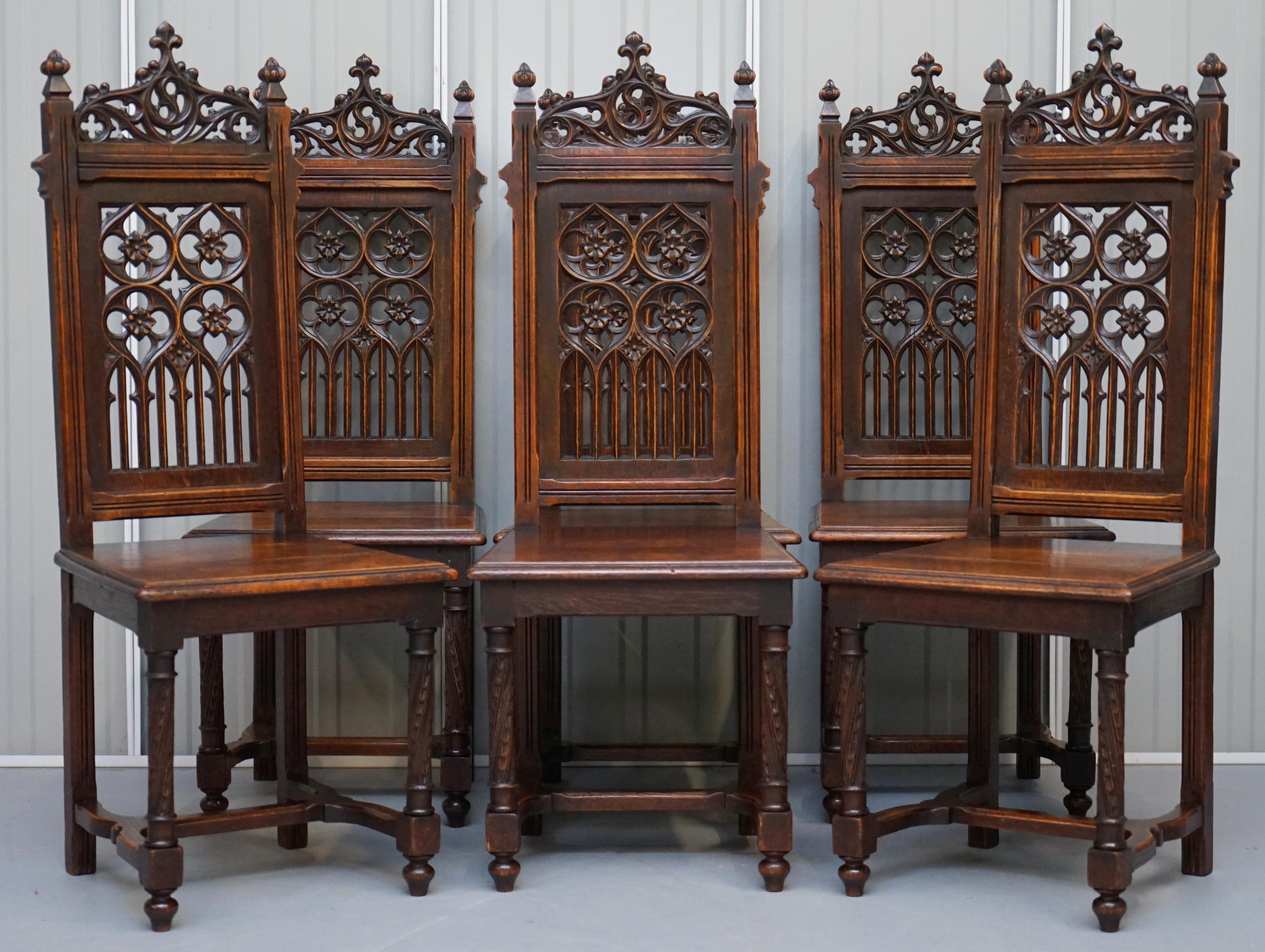 We are delighted to offer for sale this exceptionally rare and absolutely stunning set of eight large Gothic revival dining chairs, circa 1780.

I have never seen another set of this quality before, they are expertly and rather ornately carved to