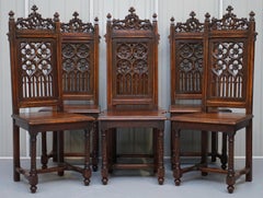 Set of Eight circa 1780 English Oak Gothic Revival High Back Dining Chairs 8 Set