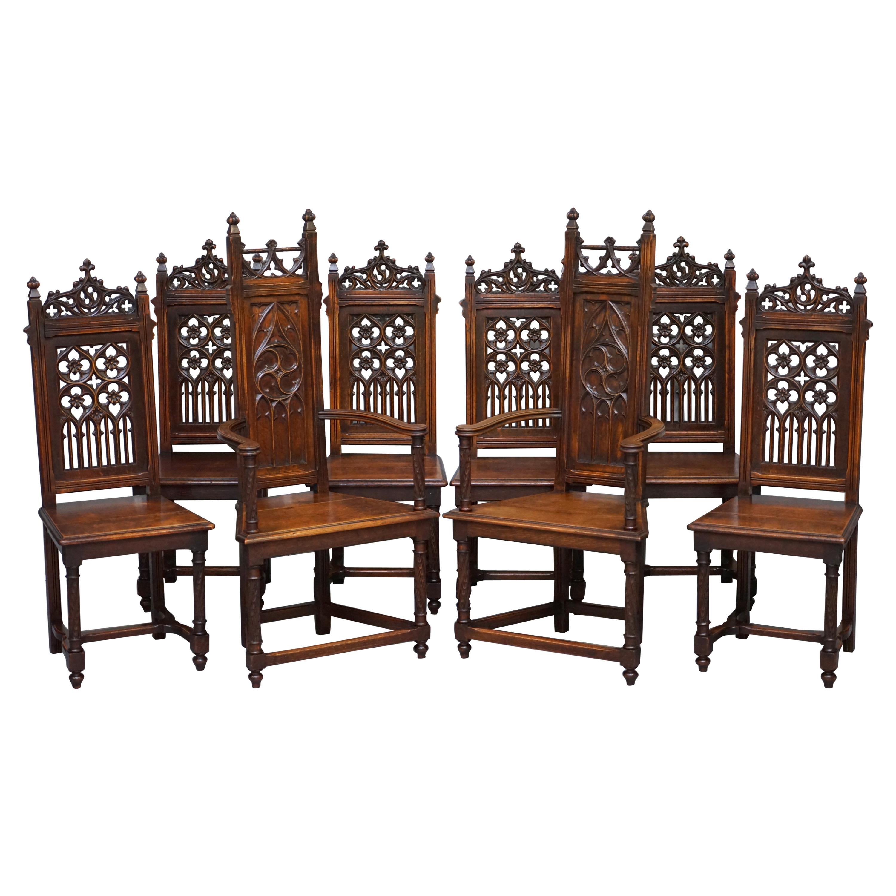 Set of Eight circa 1780 English Oak Gothic Revival High Back Dining Chairs 8 Set