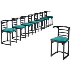 Vintage Set of Eight Classic Dining Chairs in Vivid Green Upholstery