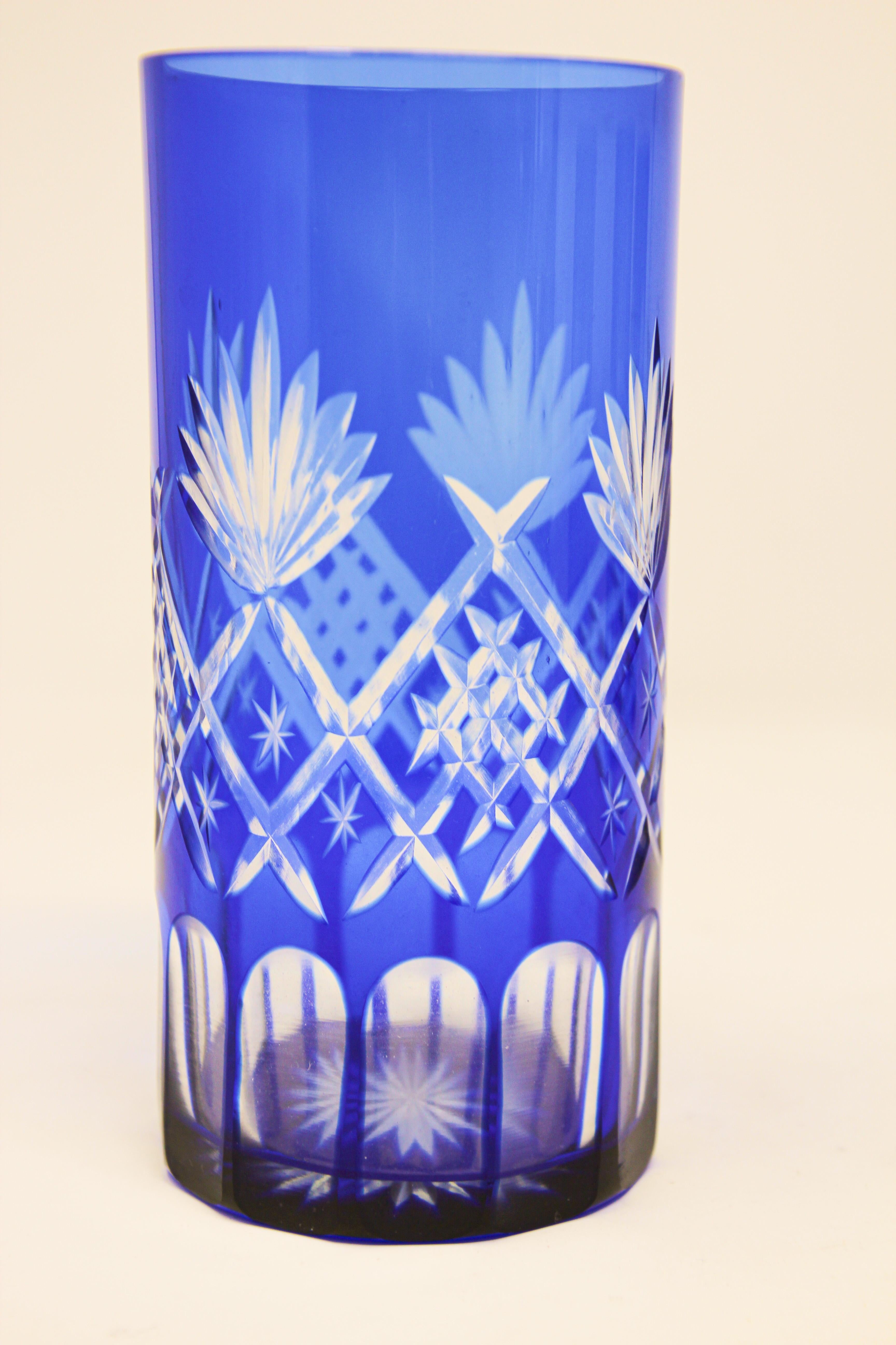 Set of eight Cobalt Blue Cut Crystal Drinking Rock Glasses Tumbler 6