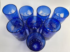 Set of eight Cobalt Blue Cut Crystal Drinking Rock Glasses Tumbler
