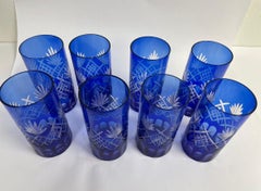 Vintage Set of eight Cobalt Blue Cut Crystal Drinking Rock Glasses Tumbler