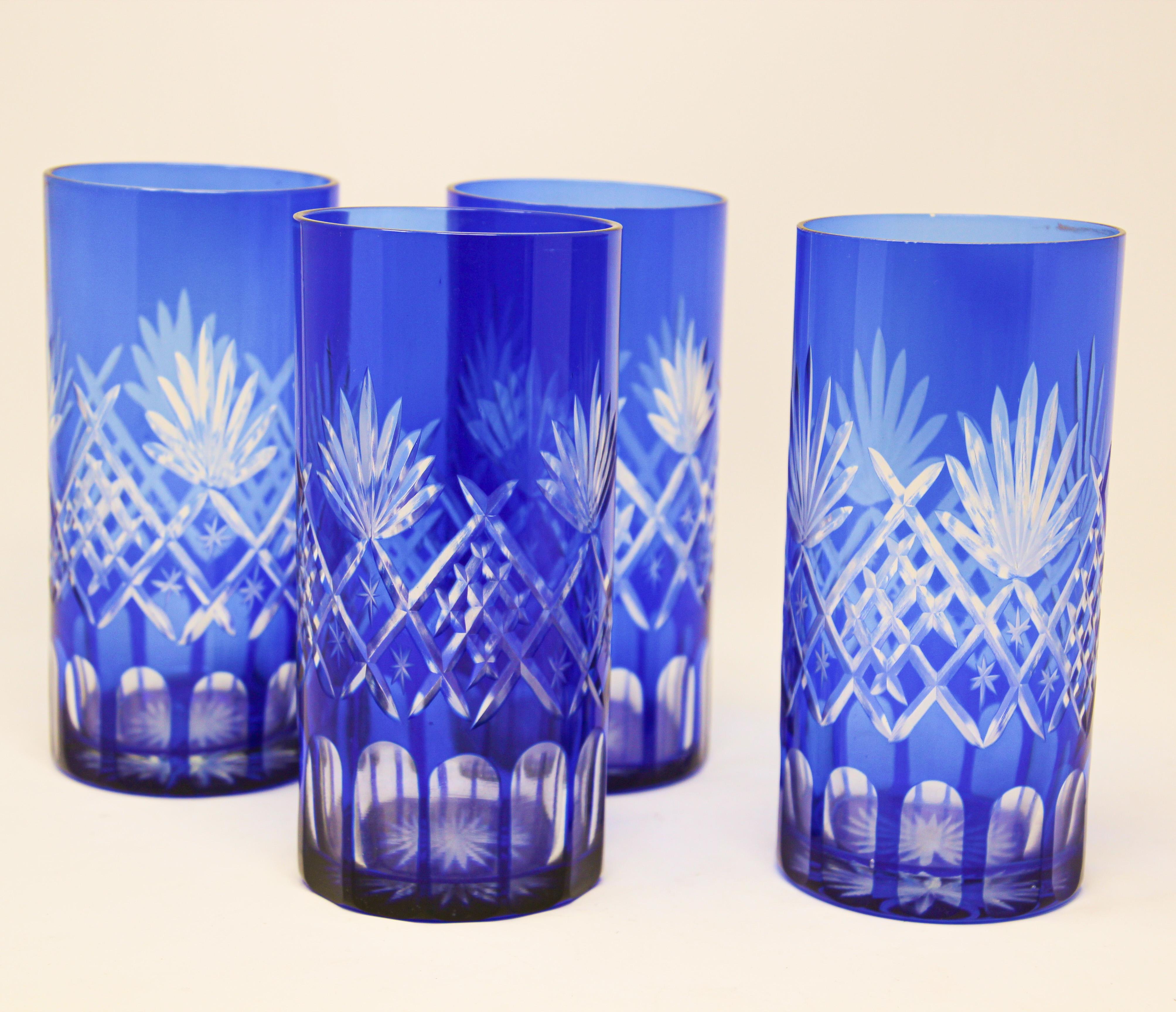 Art Nouveau Set of eight Cobalt Blue Cut Crystal Drinking Rock Glasses Tumbler
