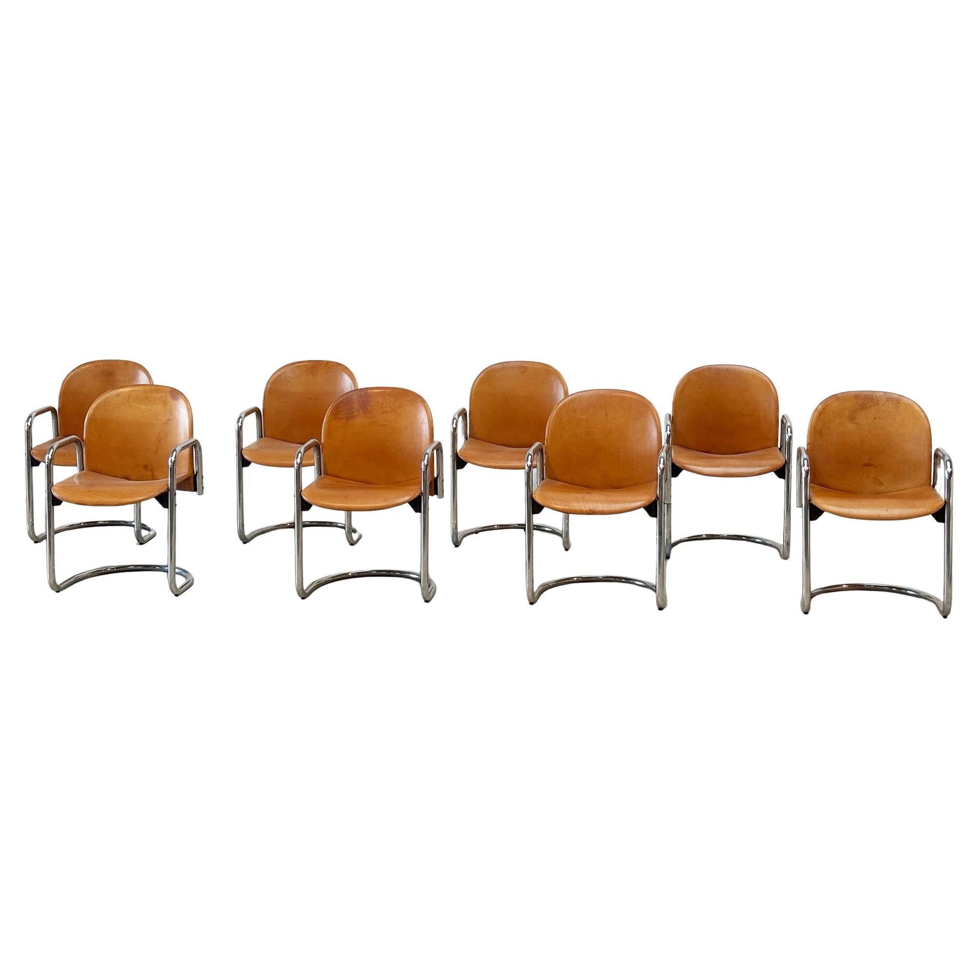 Set of eight cognac leather Dialogo Dessau dining chairs by Afra E Tobia Scarpa For Sale