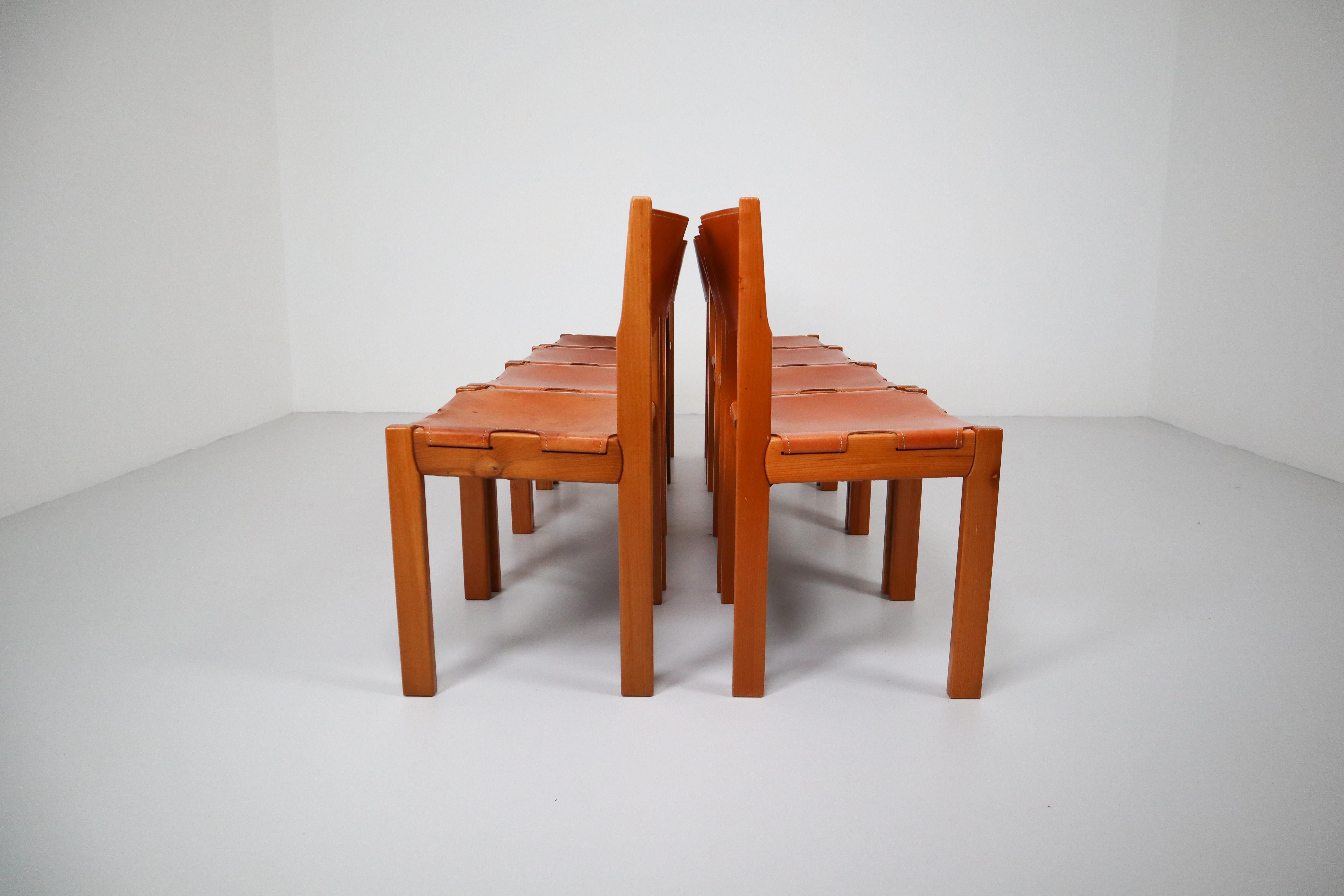 French Set of Eight Cognac Leather Dining Chairs in Pinewood, France, 1960s