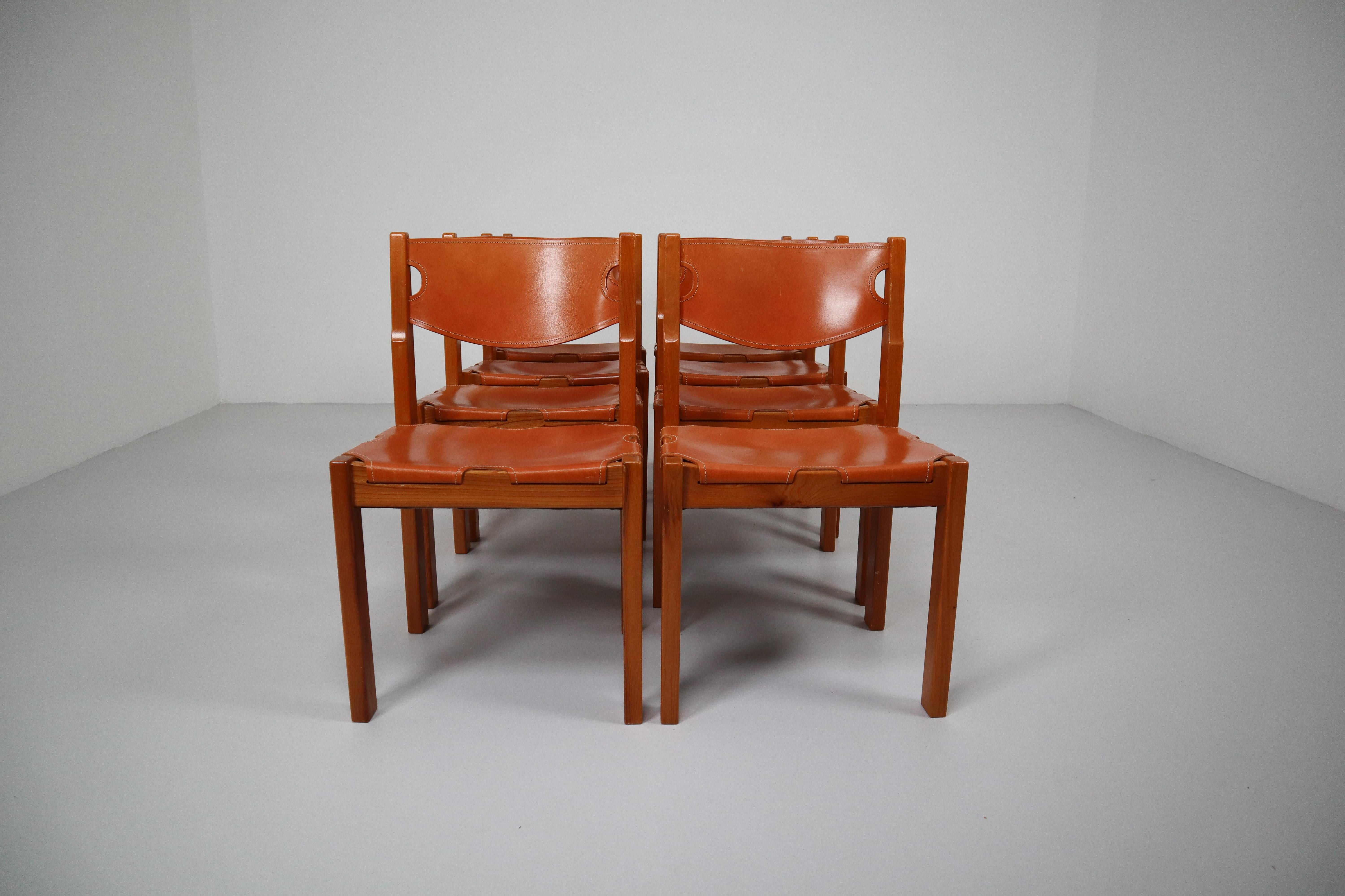 Mid-20th Century Set of Eight Cognac Leather Dining Chairs in Pinewood, France, 1960s