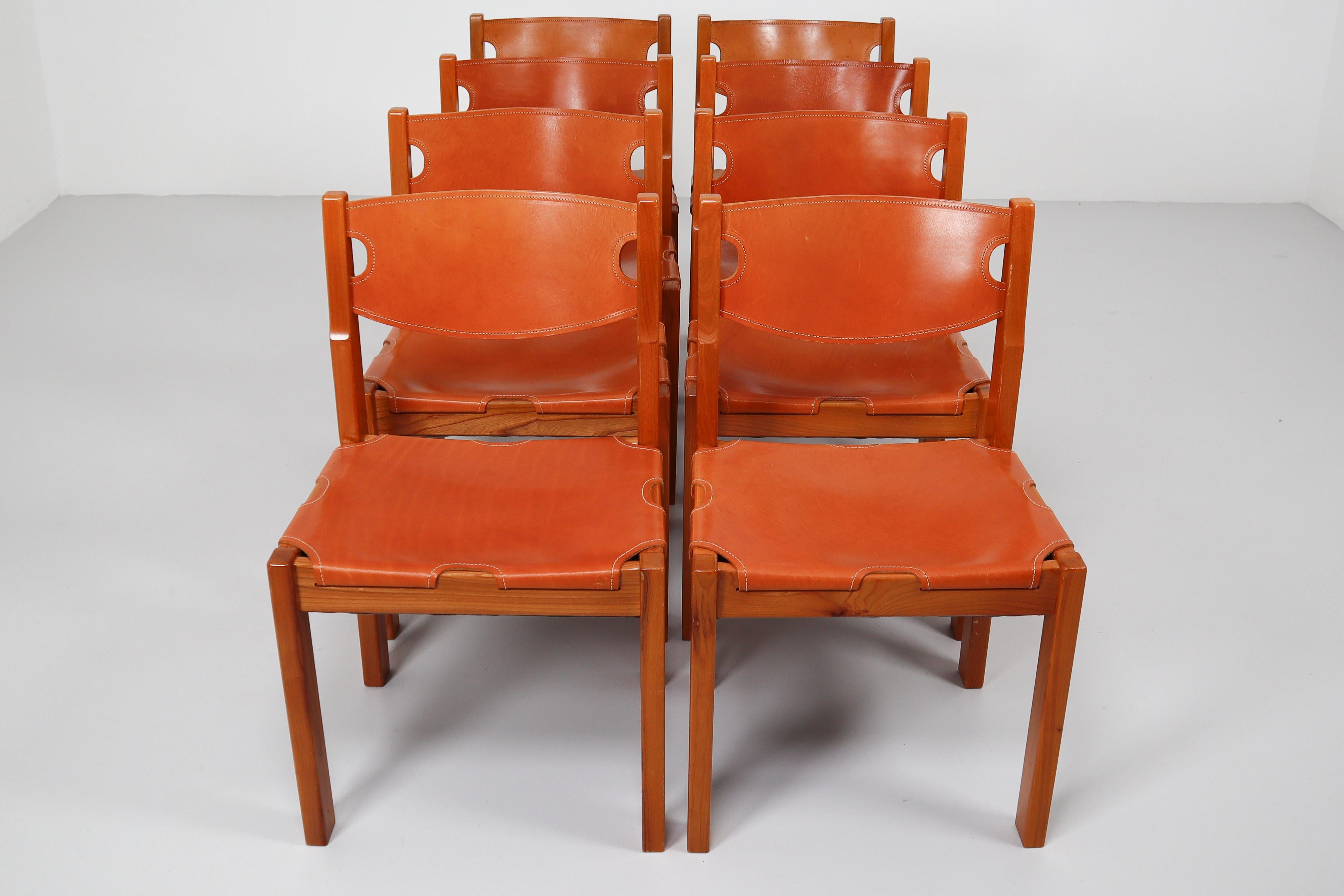 Set of Eight Cognac Leather Dining Chairs in Pinewood, France, 1960s 1