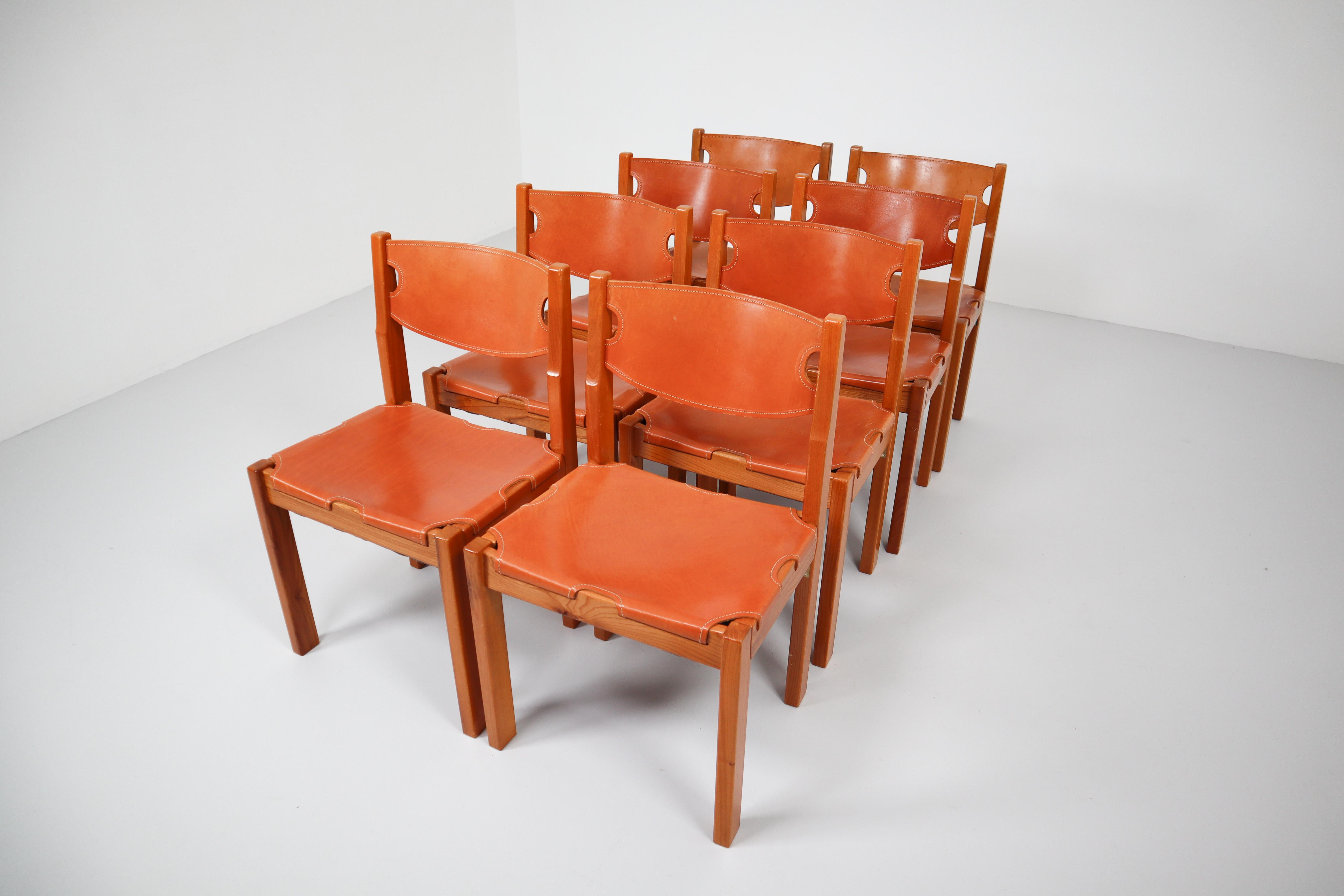 Set of Eight Cognac Leather Dining Chairs in Pinewood, France, 1960s 2