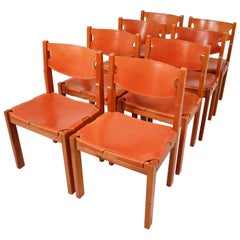 Set of Eight Cognac Leather Dining Chairs in Pinewood, France, 1960s Set of Eight Cognac Leather Dining Chairs in Pinewood, France, 1960s
