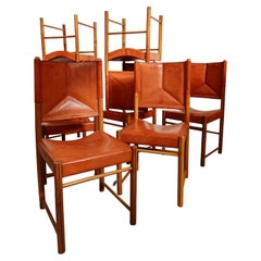 Set of eight Cognac Leather Dining Chairs in the style of Scarpa, Italy 1970s