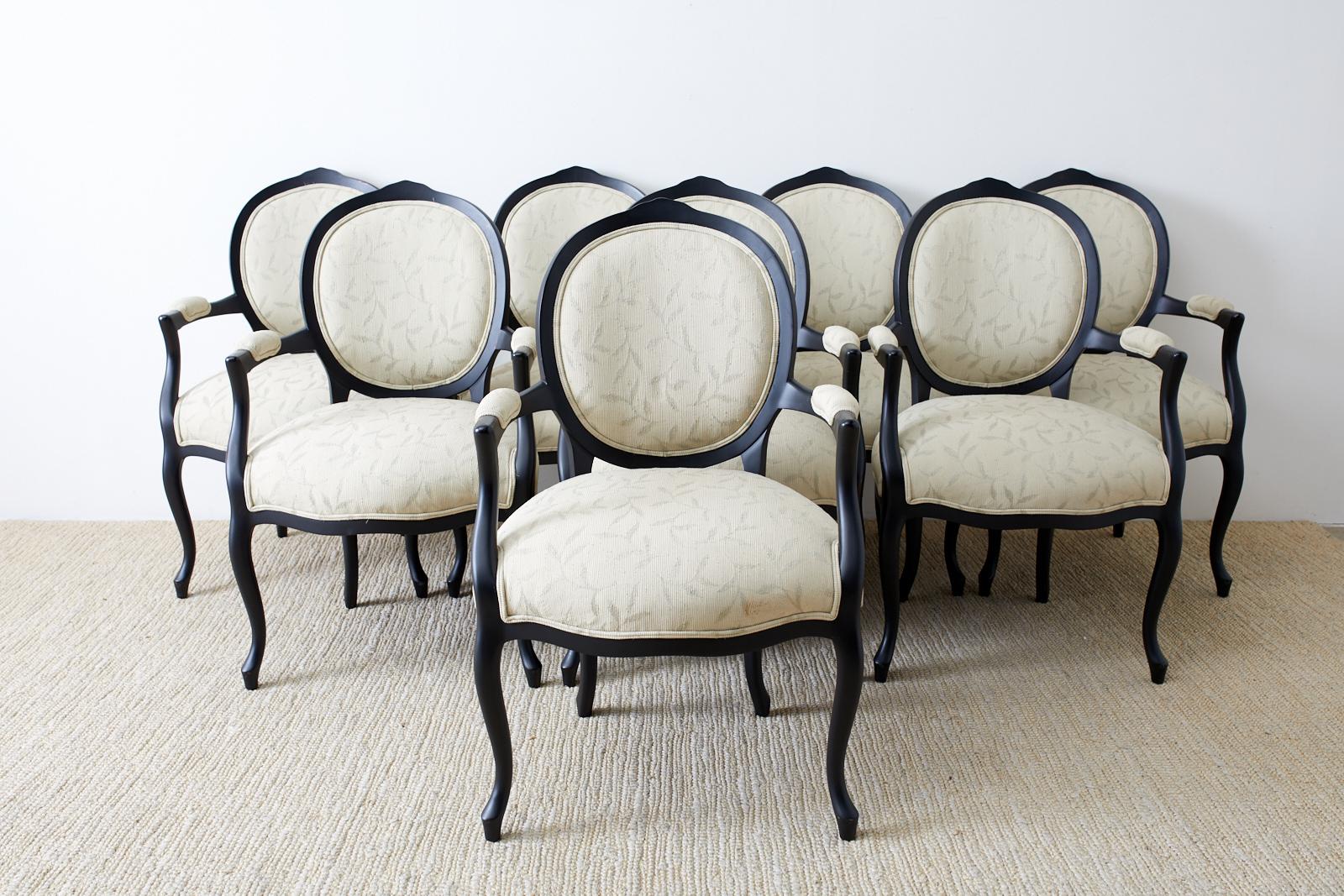 Louis XV Set of Eight Contemporary Ebonized Dining Armchairs
