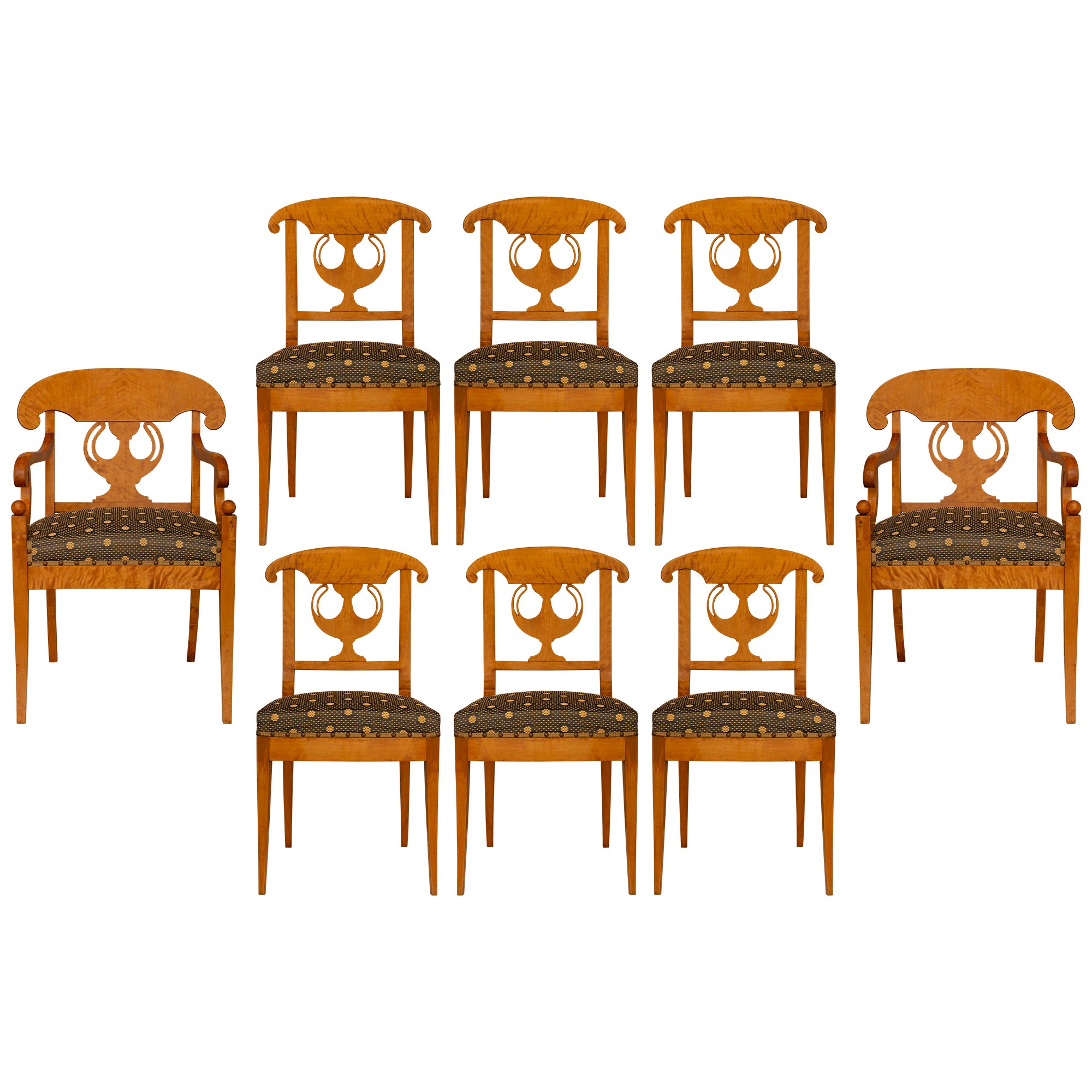 Set Of Eight Continental 19th c. Biedermeier St. White Ash Burl Dining Chairs