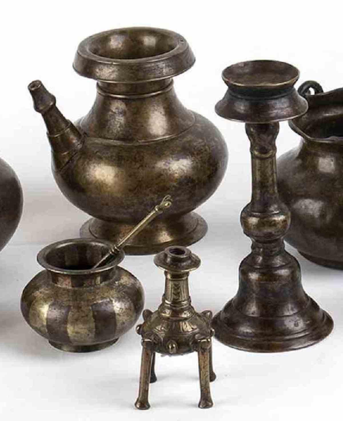 Indian Set of Eight Copper Alloy Containers, One with a Spoon, India, 19th-20th Century For Sale