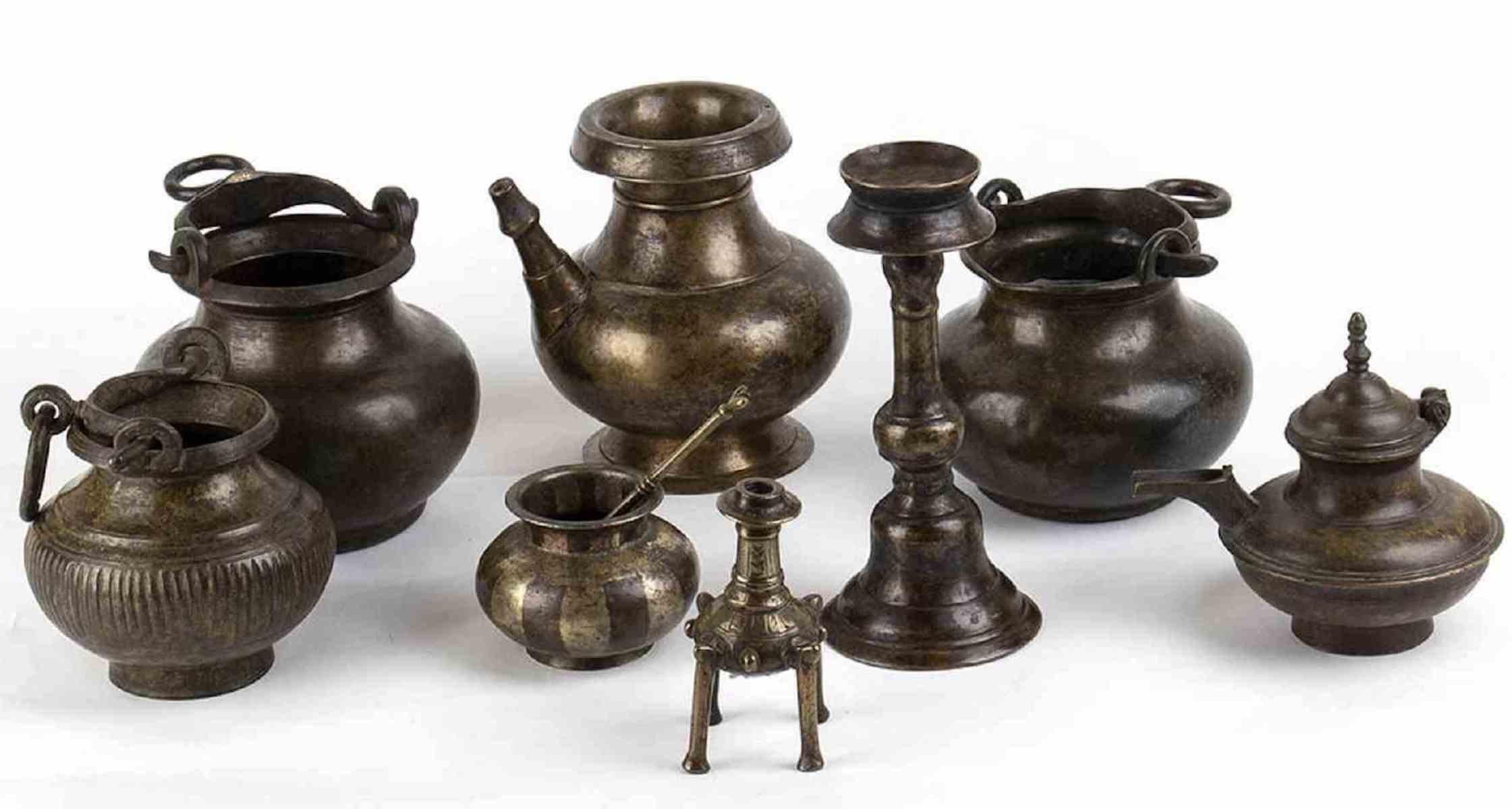 Metal Set of Eight Copper Alloy Containers, One with a Spoon, India, 19th-20th Century For Sale