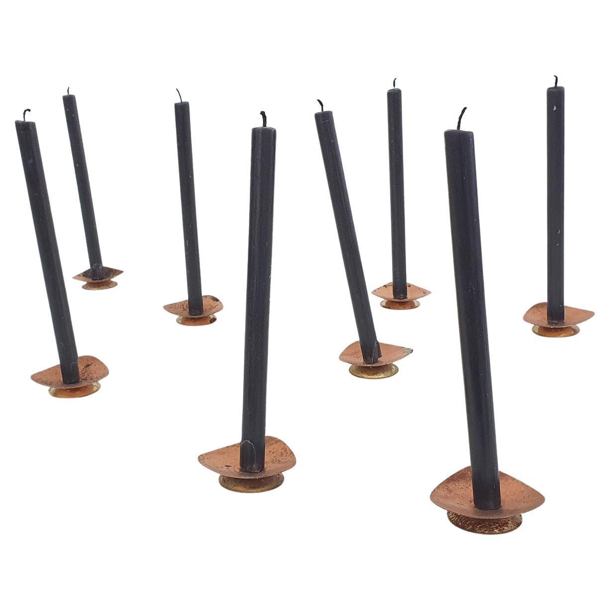 Set of Eight Copper and Brass Candle Holders, Denmark 1960's For Sale