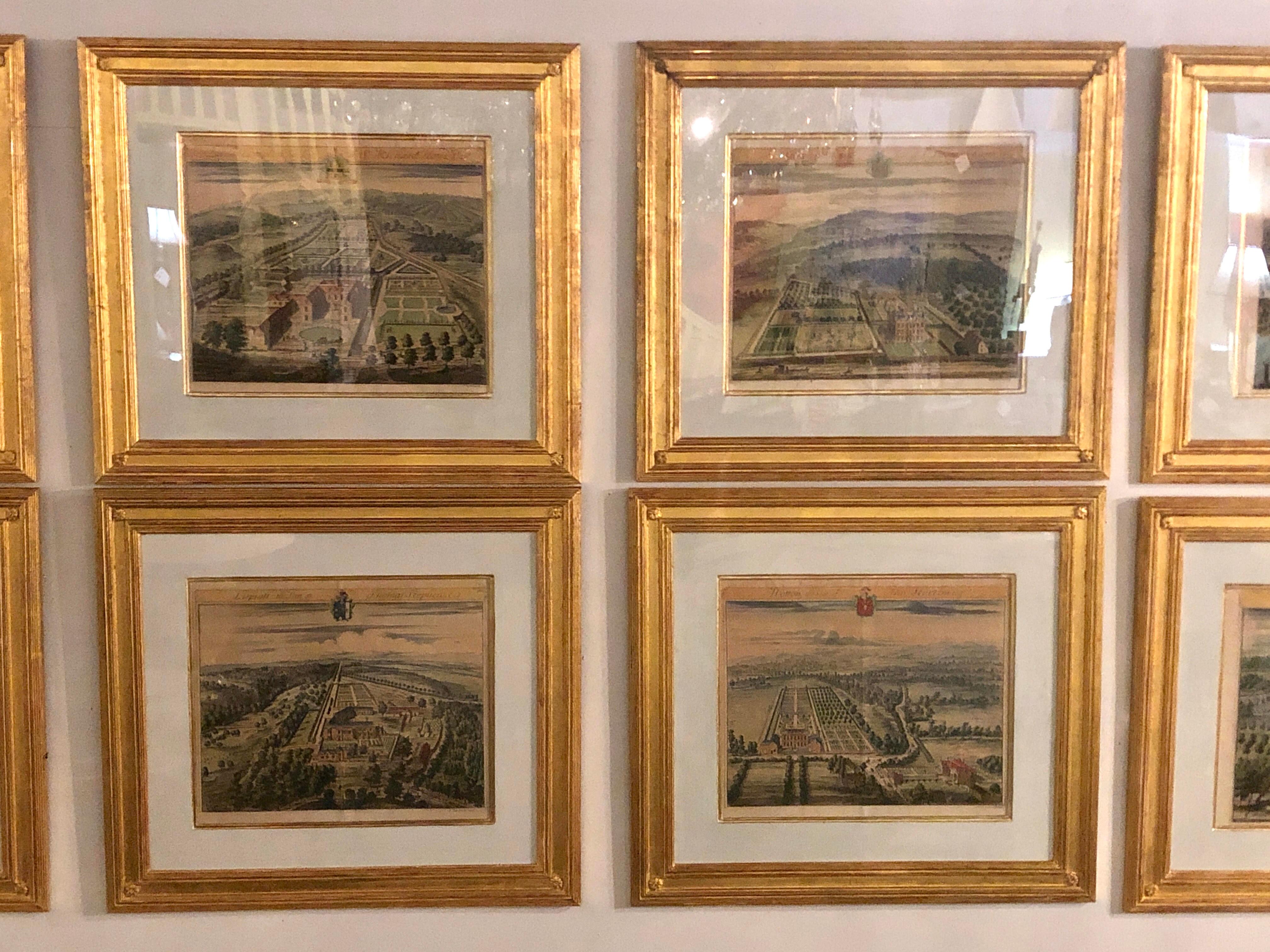 Set of eight copperplate engravings inscribed and finely framed and matted by Judy Cormier. All eight views under plexiglass several inscribed on the lower feft J Kp Delin et Sculp. The set after Leonard Knyff Britannia. Published in London 1707 and