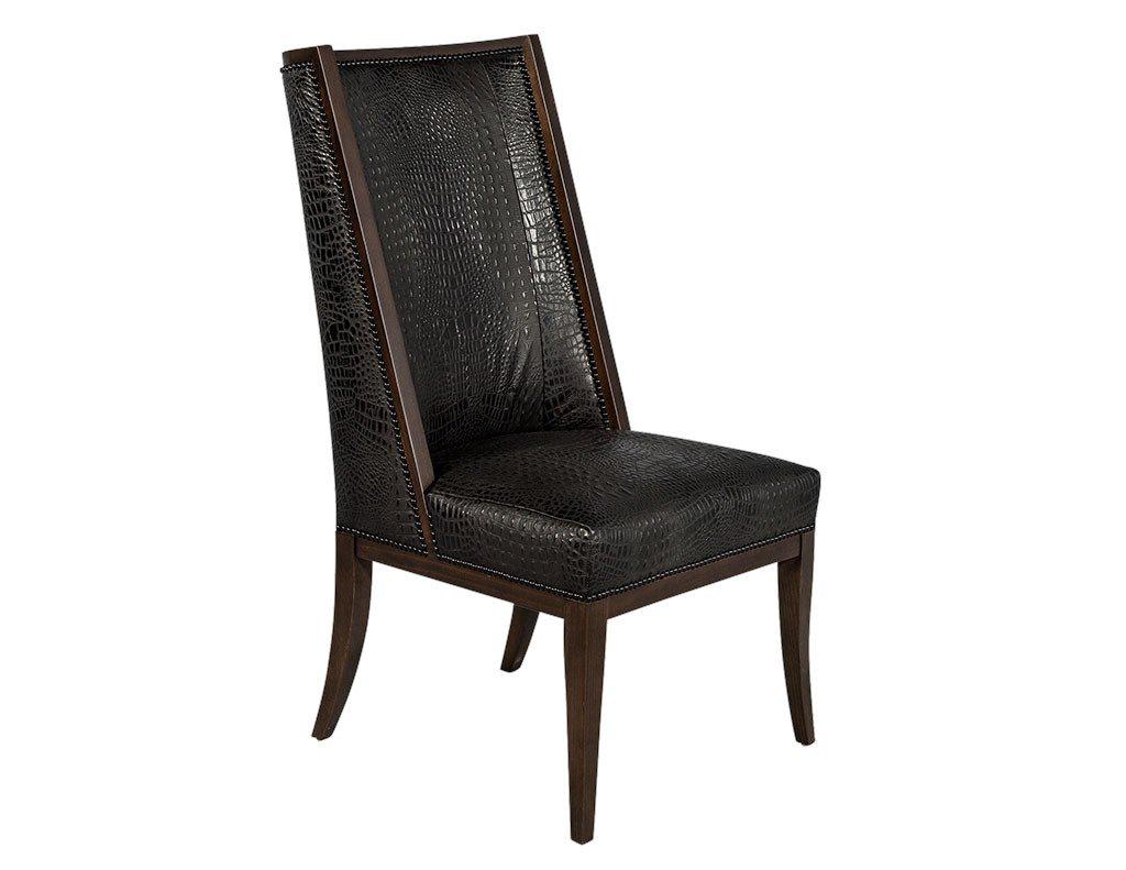 Sleek Italian made custom high back transitional dining chair. Visible Deco influence with extended clean lines and slightly curved back tapered legs. These elegant dining chairs will fit a modern, transitional or traditional setting. Made of kiln
