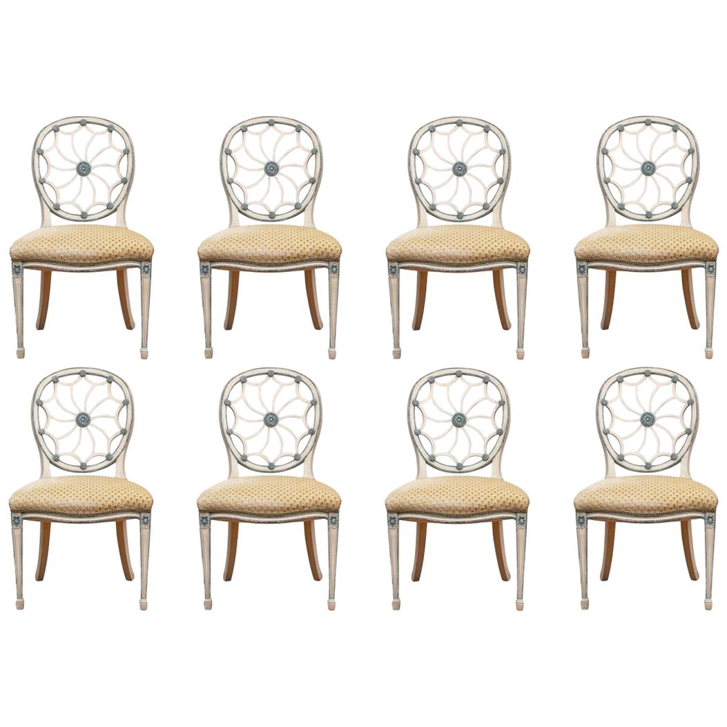 Set of Eight Custom Web Back Side Chairs in Ivory and Celadon Finish