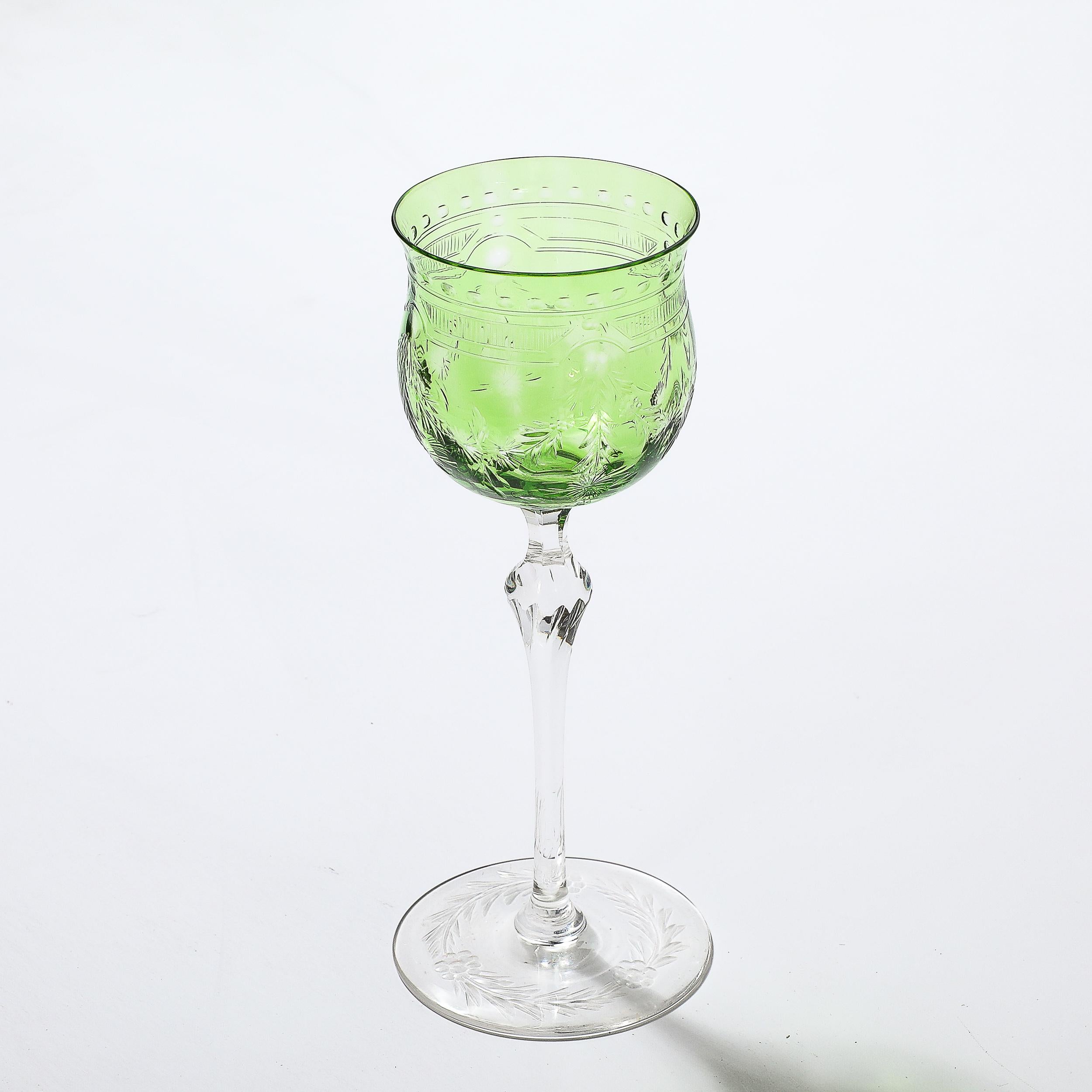 Set of Eight Edwardian Cut Crystal Emerald Green & Transparent Glasses For Sale 4