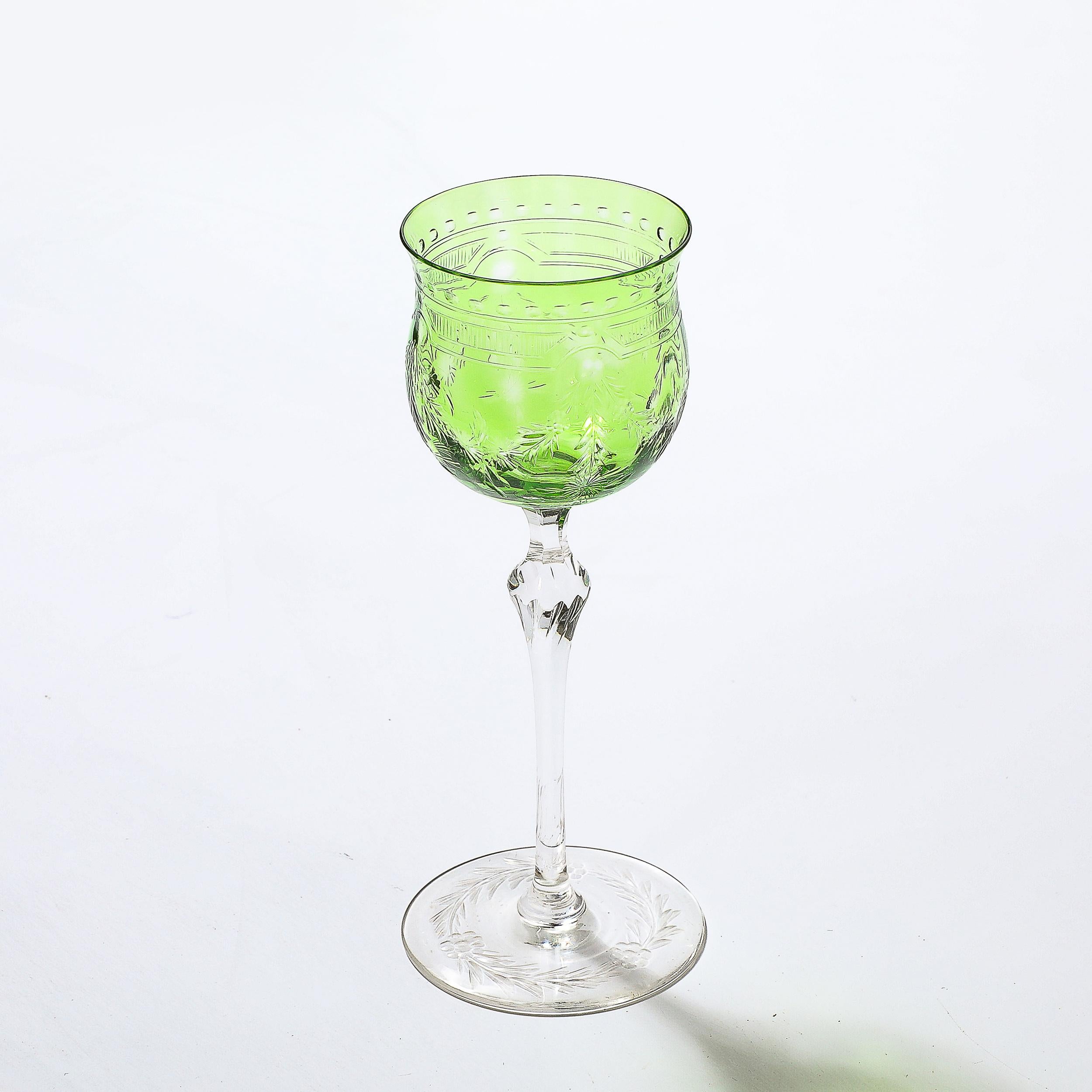 Set of Eight Edwardian Cut Crystal Emerald Green & Transparent Glasses For Sale 5