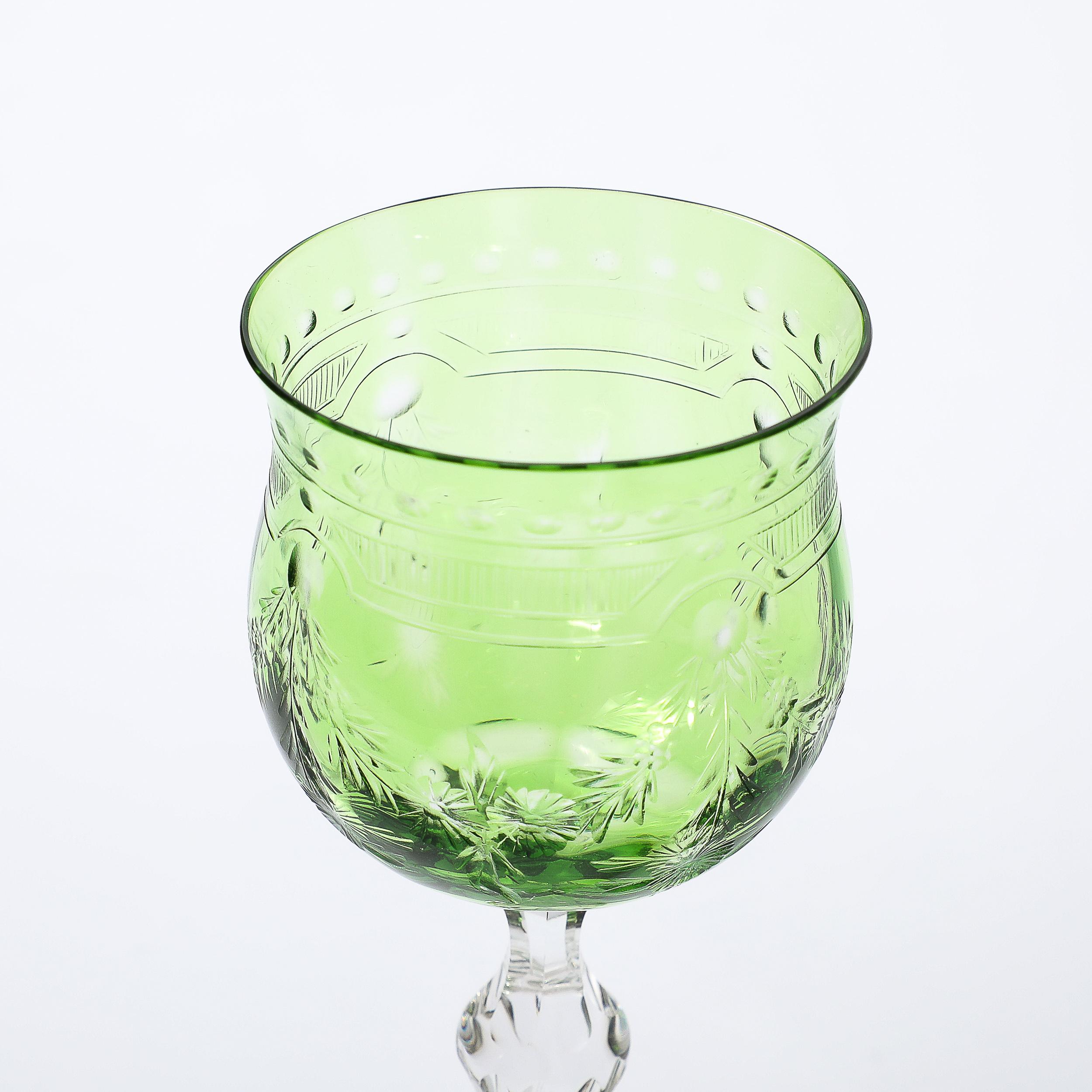 Set of Eight Edwardian Cut Crystal Emerald Green & Transparent Glasses For Sale 7