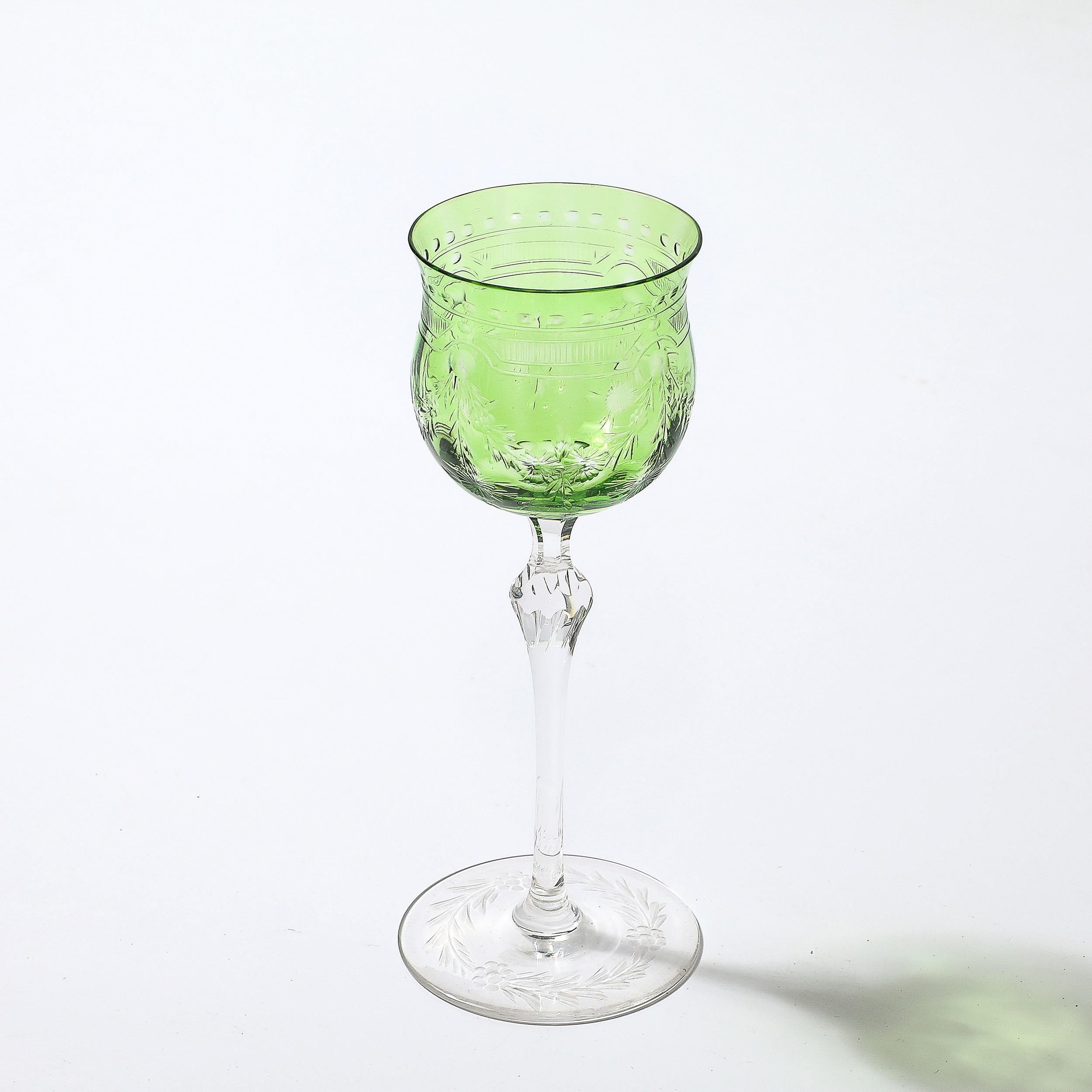 Set of Eight Edwardian Cut Crystal Emerald Green & Transparent Glasses For Sale 8