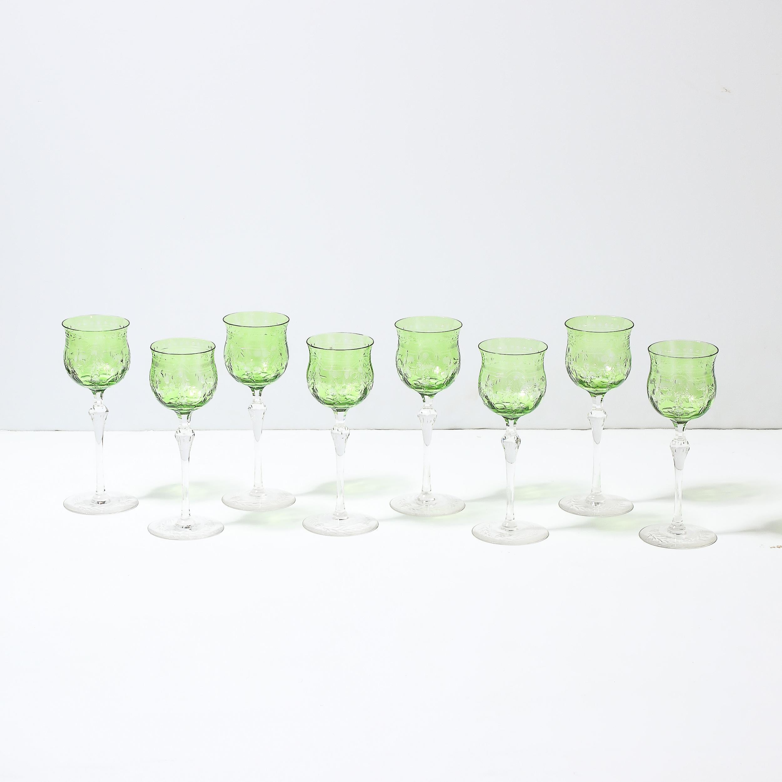 Art Deco Set of Eight Edwardian Cut Crystal Emerald Green & Transparent Glasses For Sale