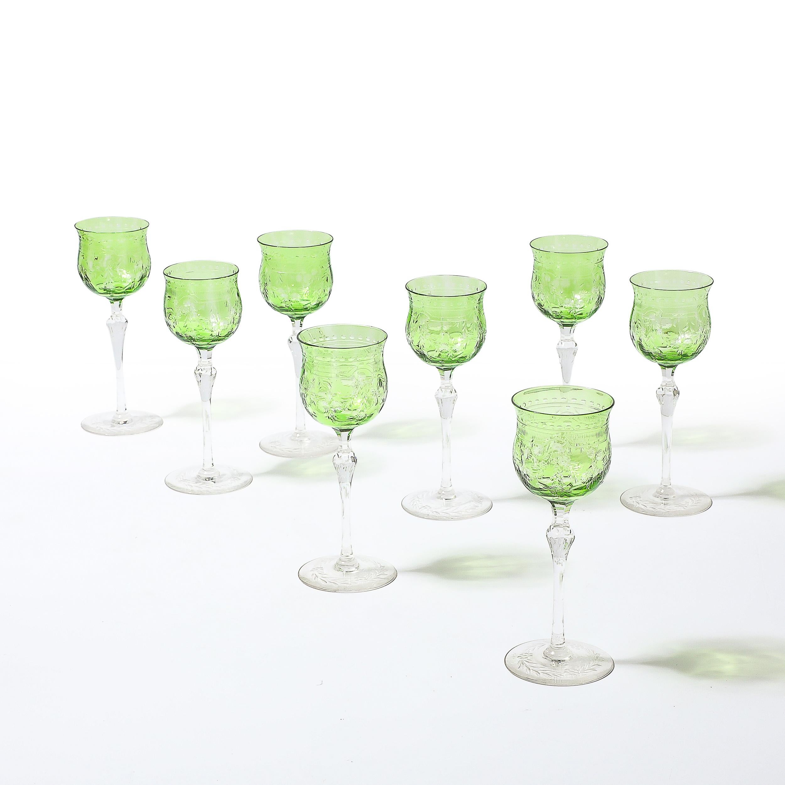 Czech Set of Eight Edwardian Cut Crystal Emerald Green & Transparent Glasses For Sale