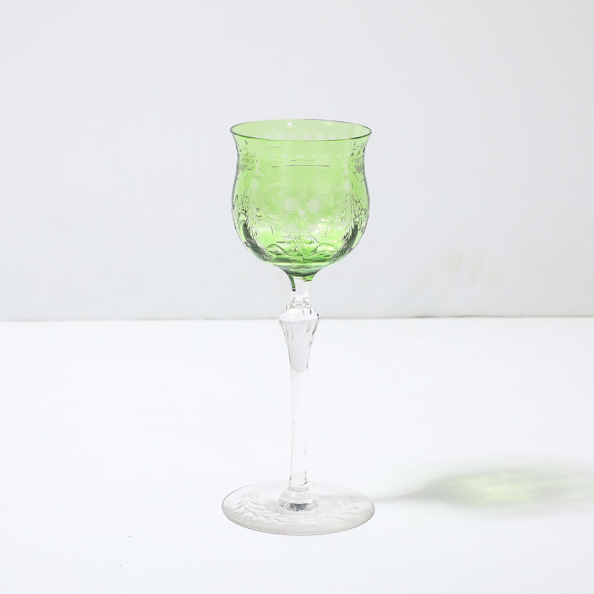 Set of Eight Edwardian Cut Crystal Emerald Green & Transparent Glasses In Excellent Condition For Sale In New York, NY
