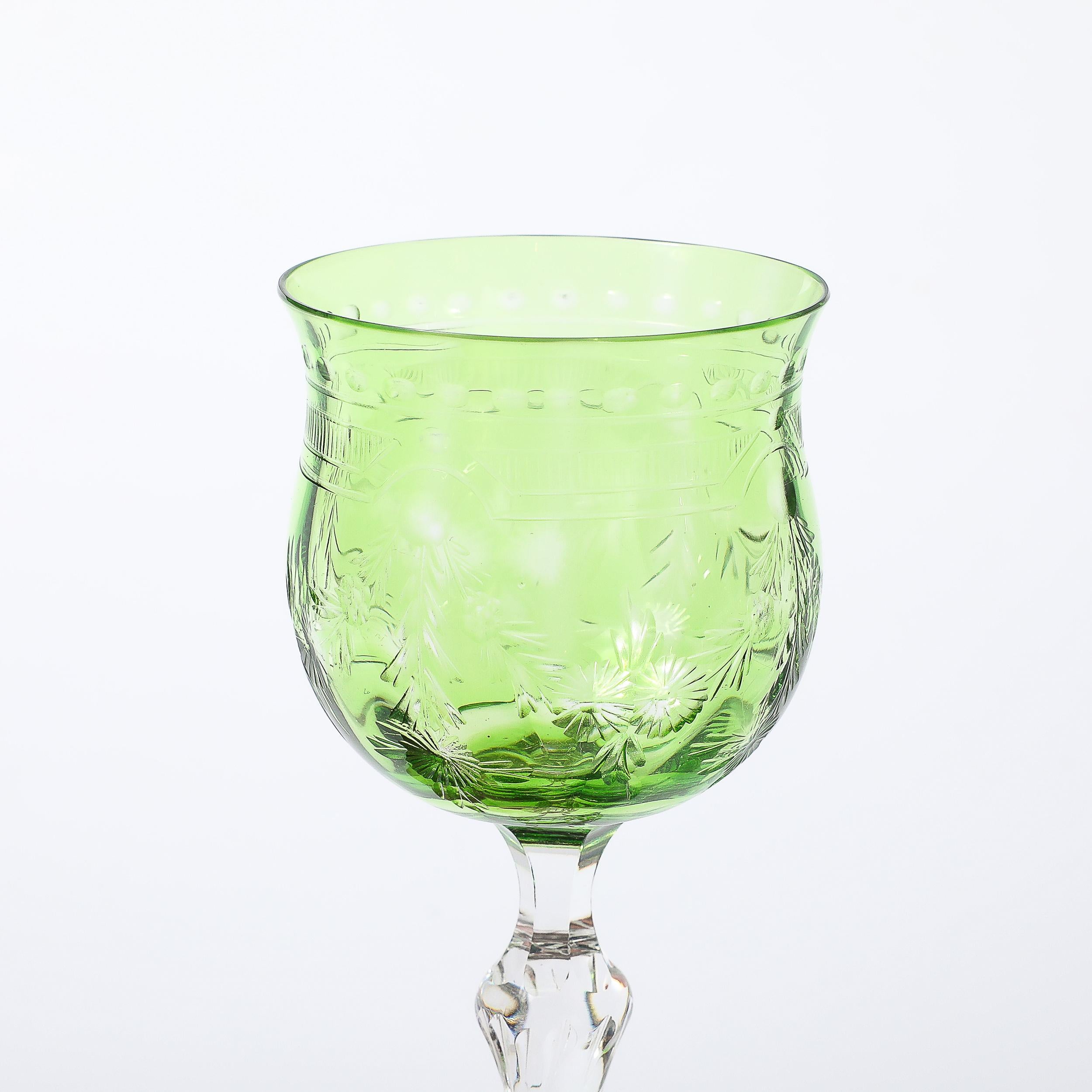 Early 20th Century Set of Eight Edwardian Cut Crystal Emerald Green & Transparent Glasses For Sale